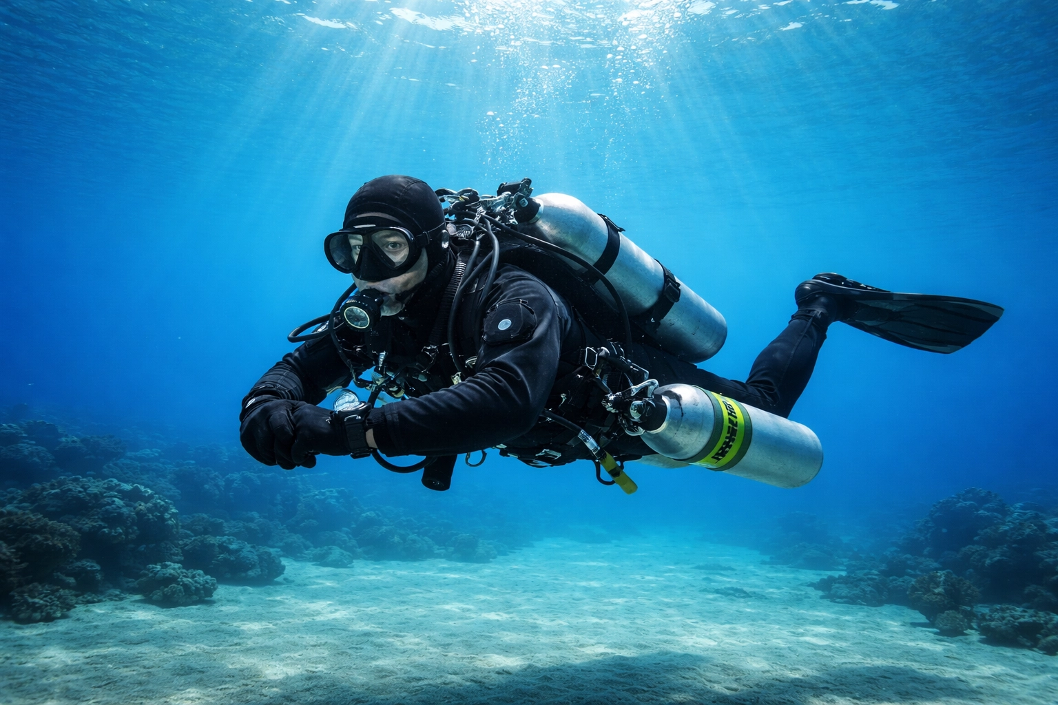 Unterwasserfoto eines TEC-Tauchers mit Doppelgerät und Wing-System im klaren Wasser, zeigt professionelle Technical Diving Ausrüstung