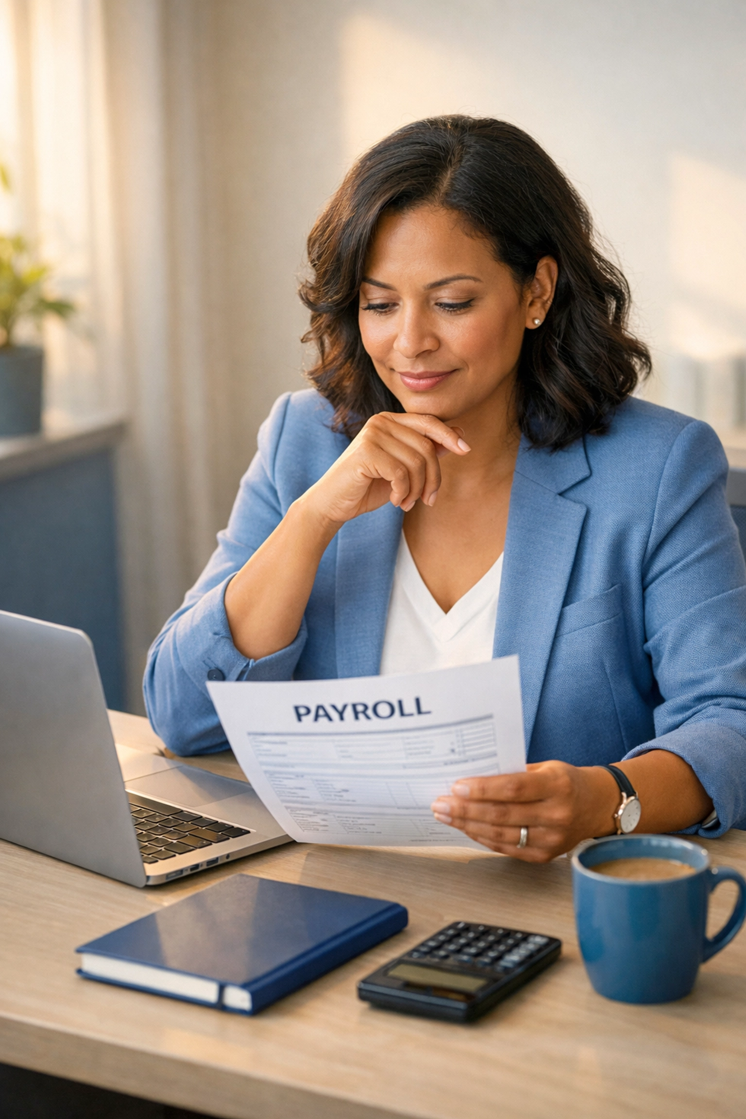 S-Corp business owner reviewing reasonable compensation and payroll documents at desk