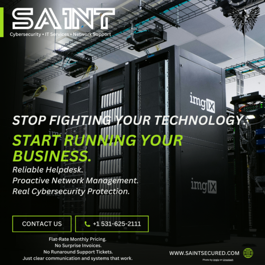 Professional data center environment with SAINT branding