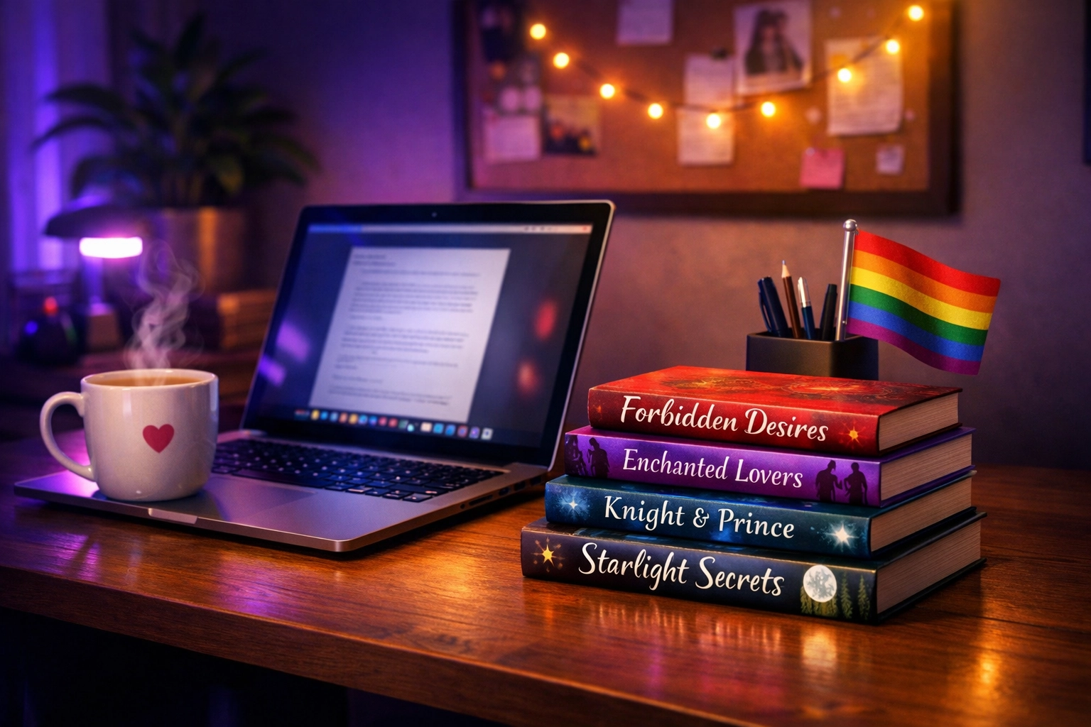 A queer author’s creative workspace featuring a laptop and a stack of MM romance books.