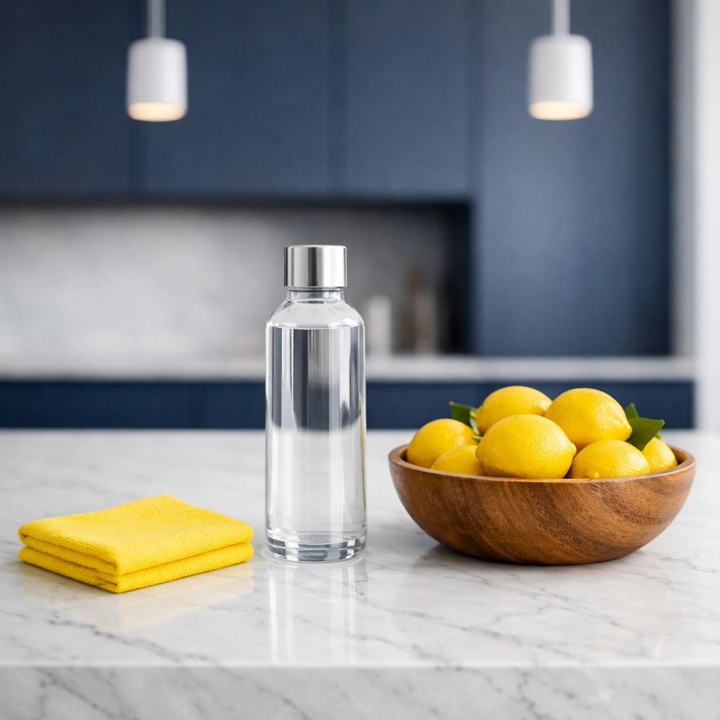 Eco-friendly vodka cleaning spray and yellow cloth on a marble kitchen countertop.