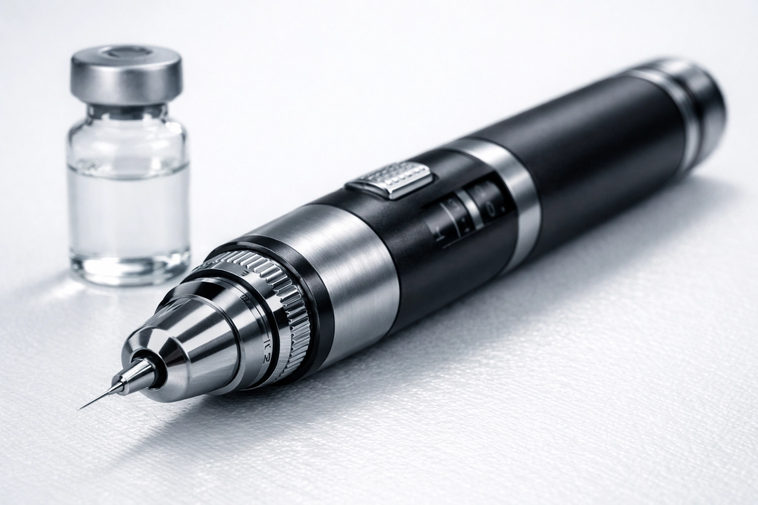 A sleek reusable peptide pen system next to a research vial for precise and sterile dose delivery.