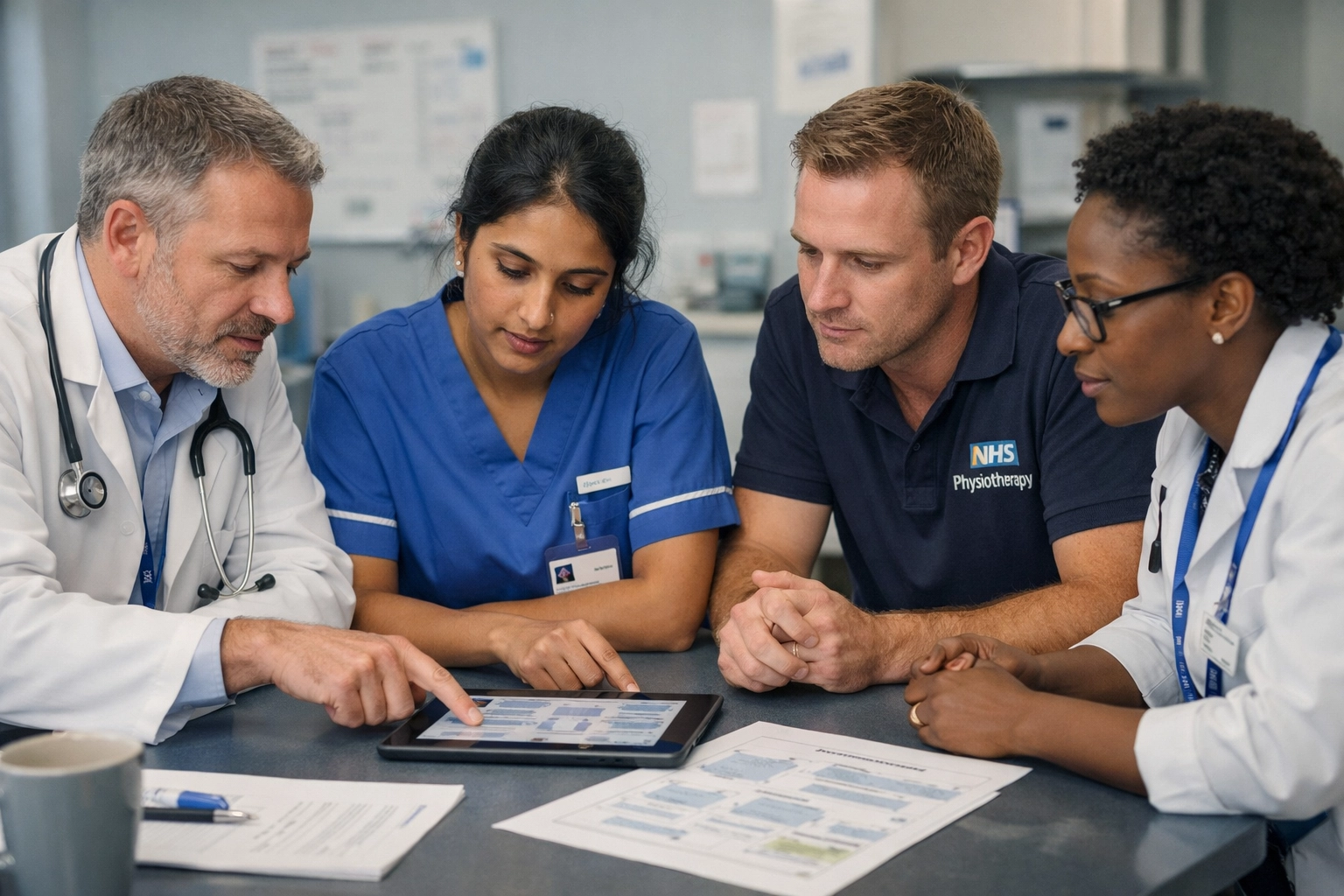 NHS professionals in an MDT meeting discussing integrated care within the UK respiratory pathway.