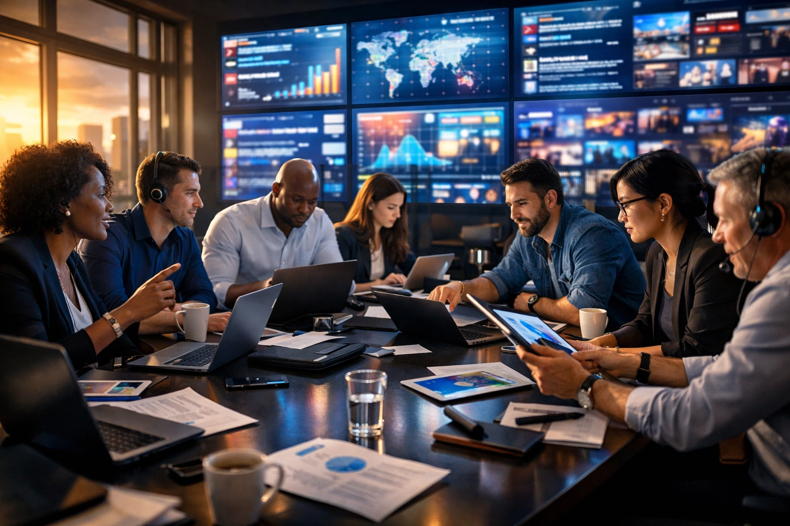 Marketing team in a digital war room monitoring real-time social media trends for Super Bowl ad strategy.