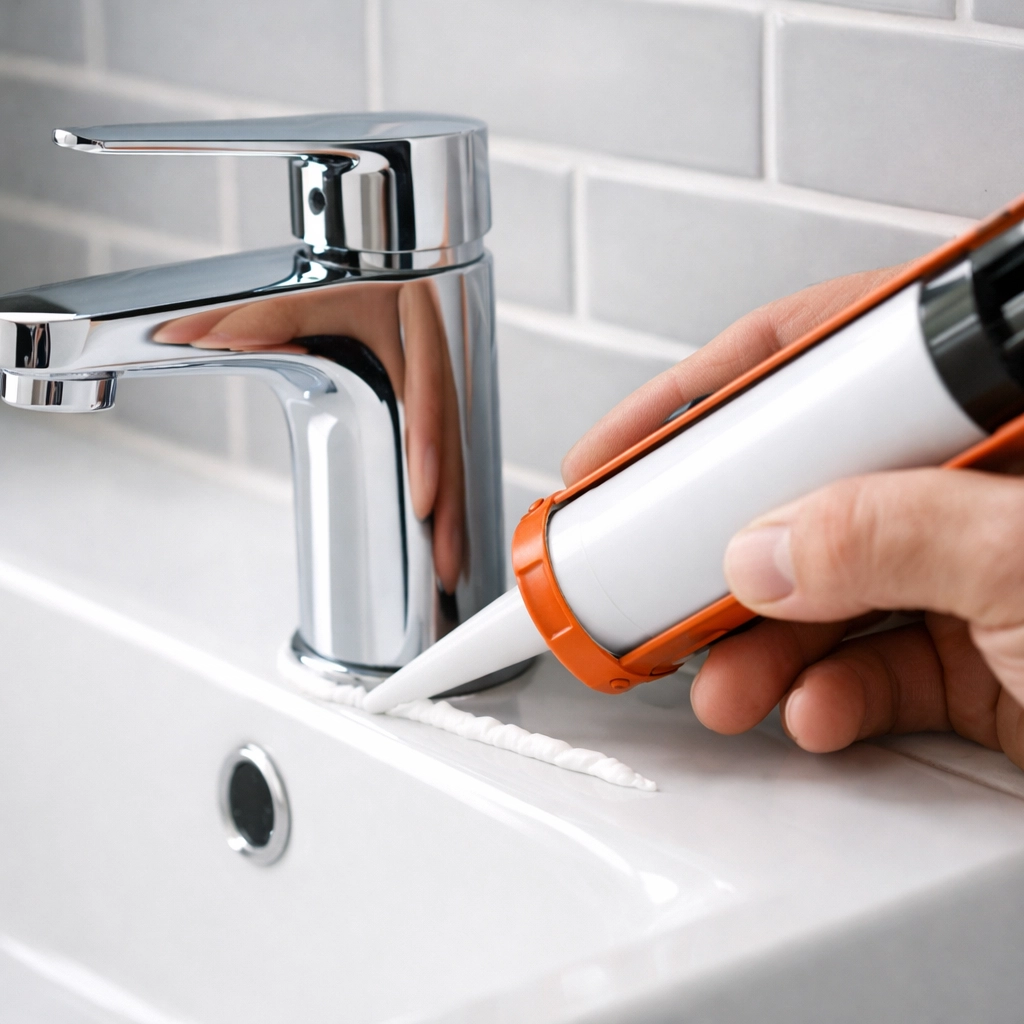Professional applying fresh caulking around bathroom sink faucet during apartment make-ready repairs
