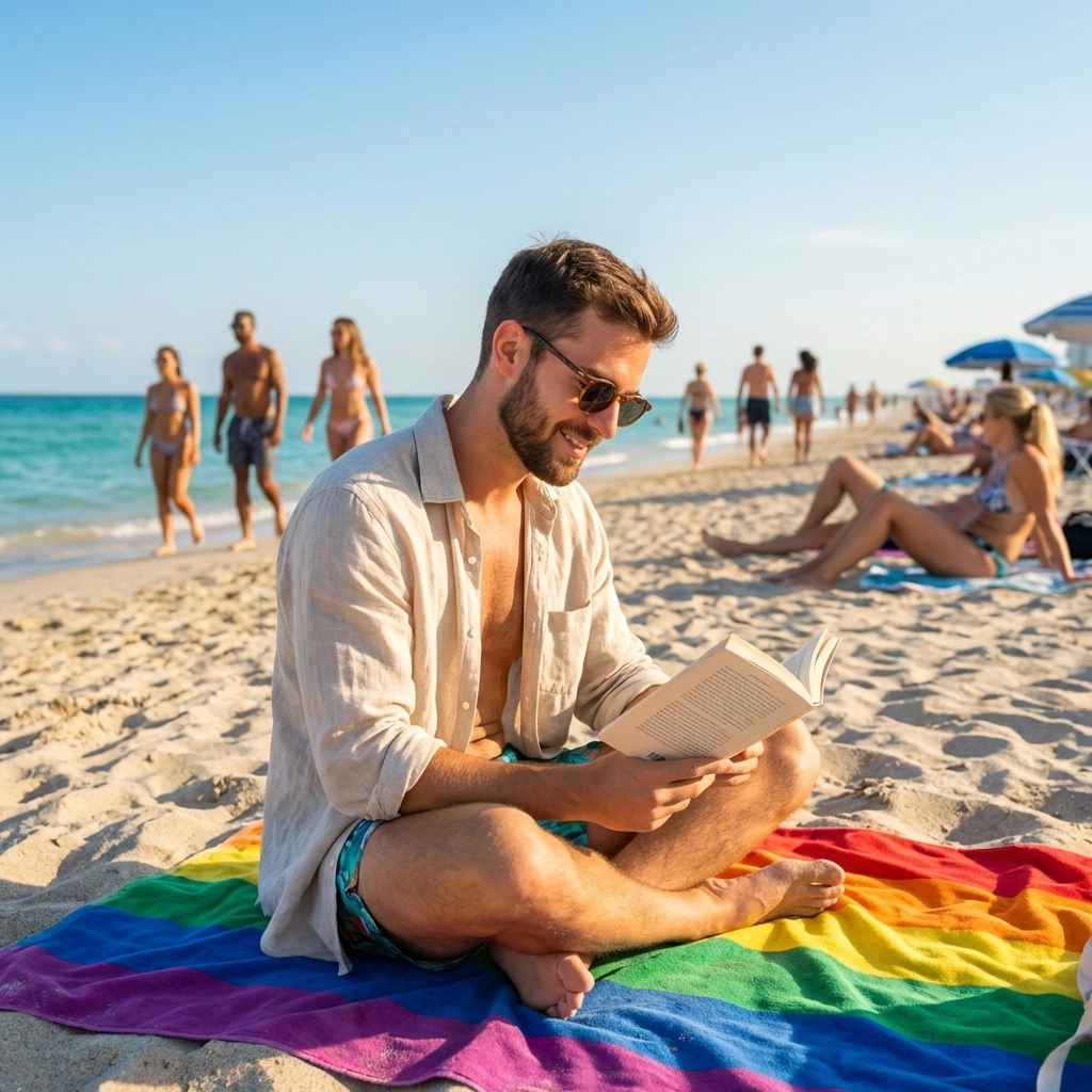 Gay man enjoying body-positive nude beach experience on French Riviera near Nice