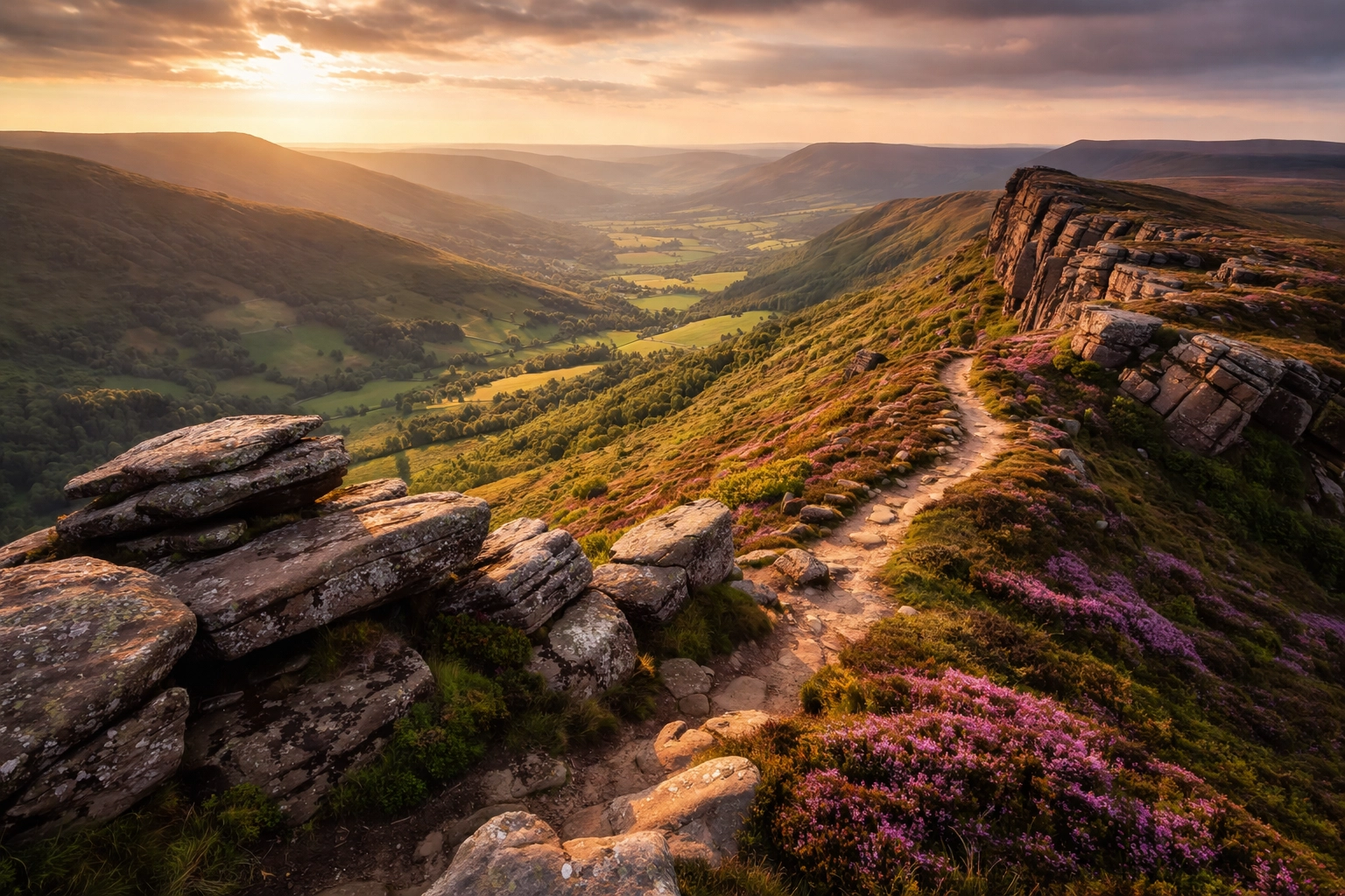 Aerial view of Peak District's gritstone edges and Edale Valley, perfect for guided hiking tours UK.