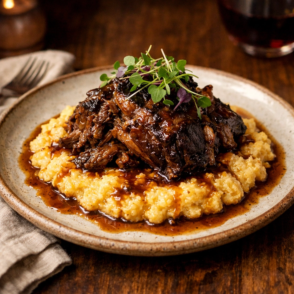 Tender braised lamb shoulder over creamy stone-ground grits, a professional Southern-PNW fusion meal.