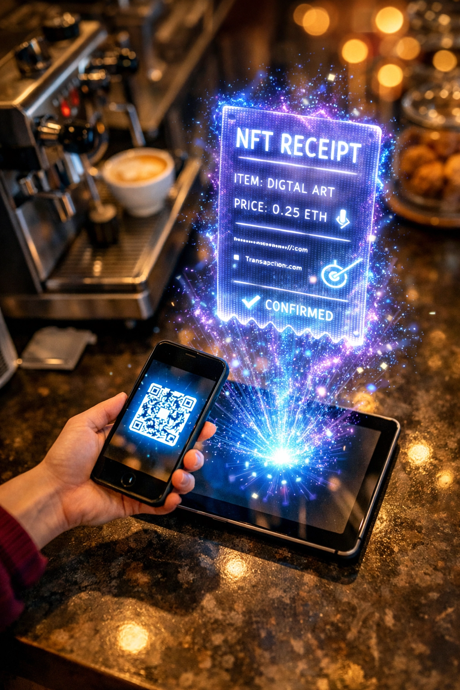 Customer scanning QR code payment with smartphone creating NFT receipt at coffee shop counter