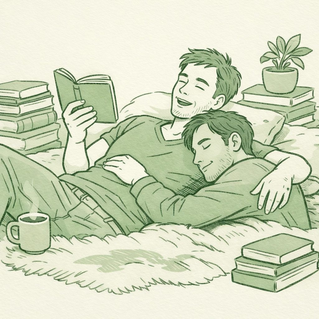 A gay couple reading emotional MM books together, celebrating identity through queer literature.