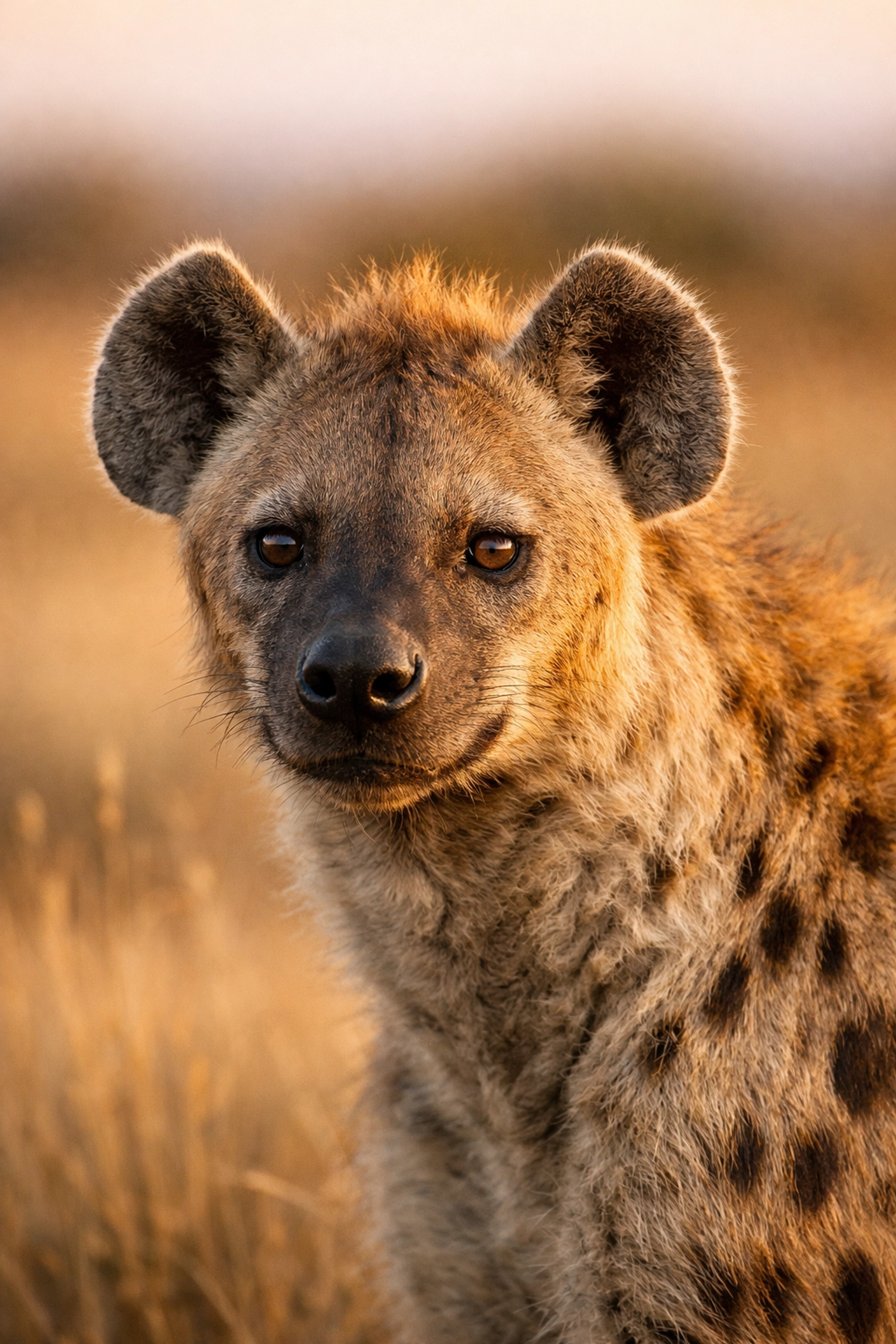 A professional wildlife portrait of a spotted hyena, showcasing authentic documentary-style animal imagery.