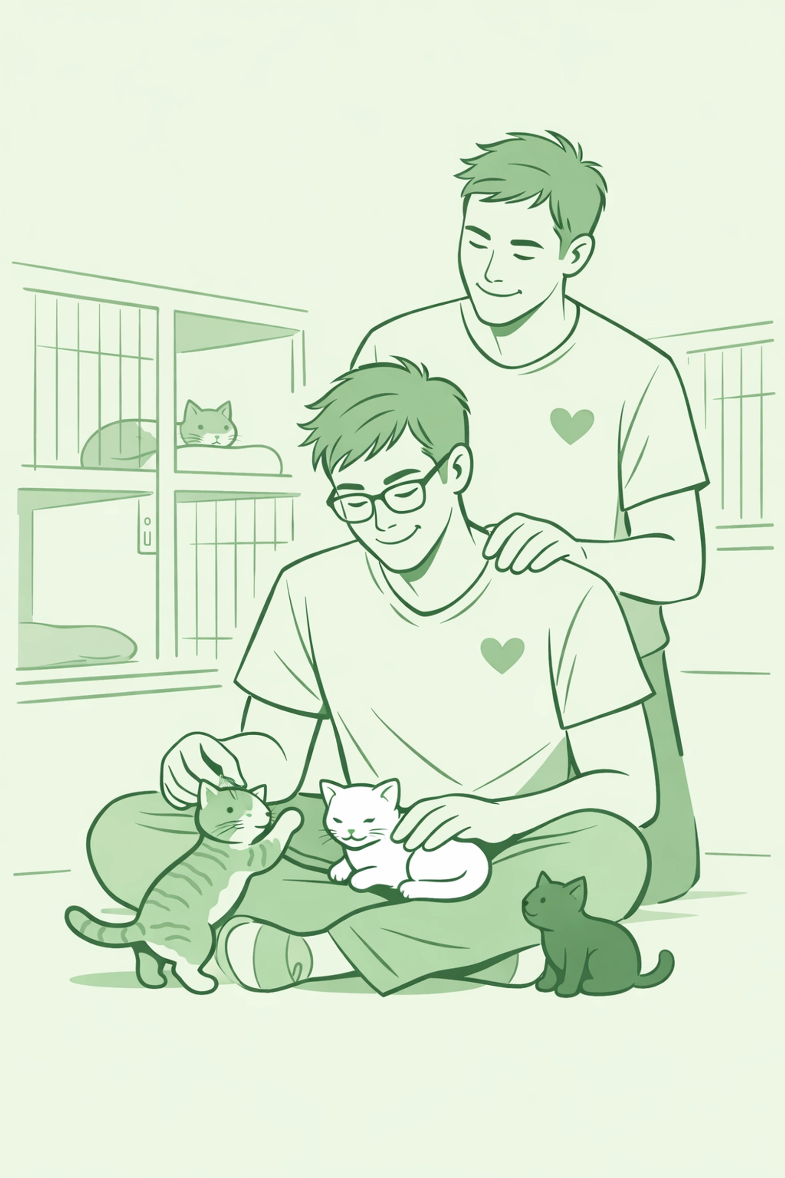 Gay couple volunteering with shelter kittens at rainbow rescue
