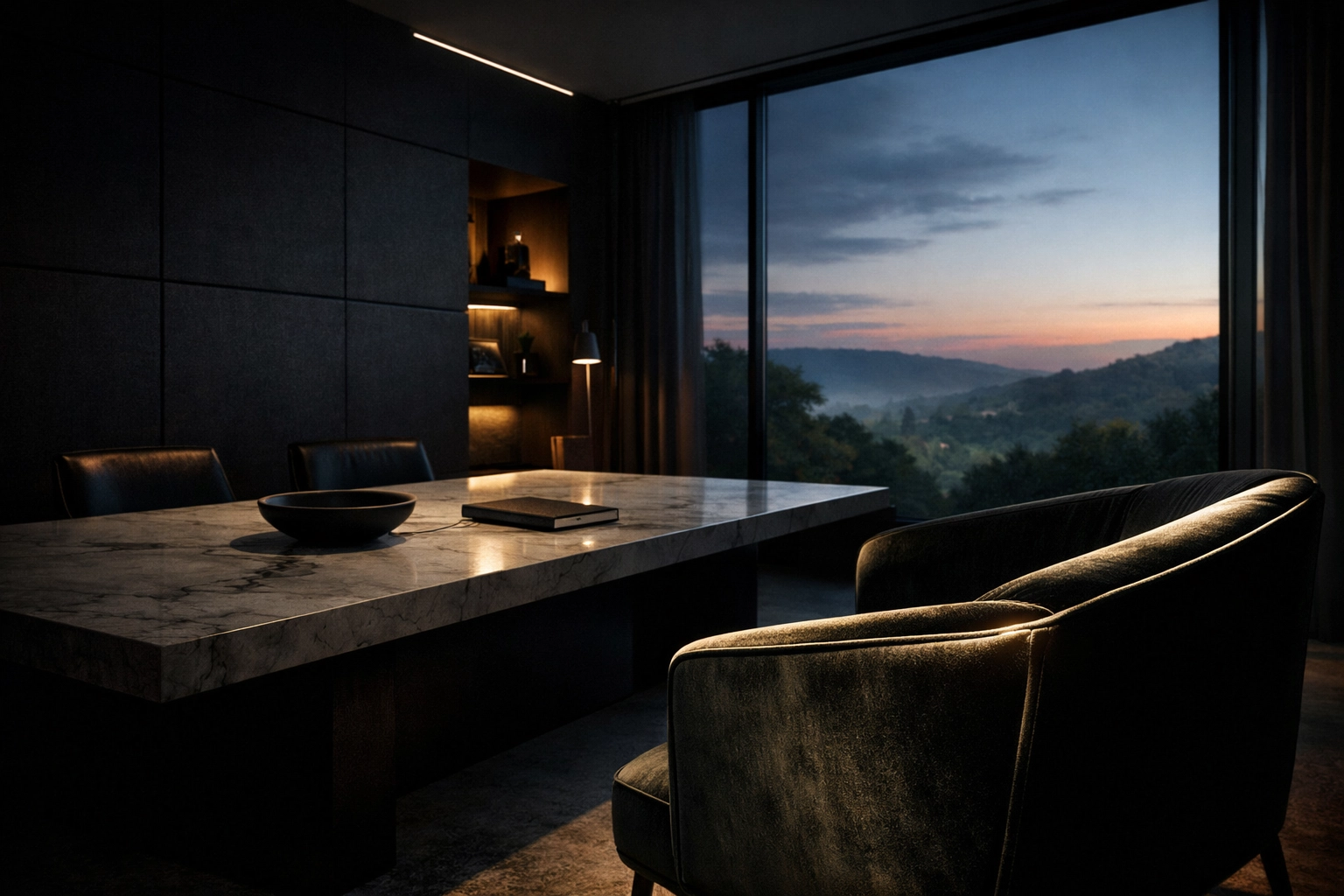 Luxury executive lounge in a Sussex office featuring high-end refurbishment and a view of the Surrey hills.