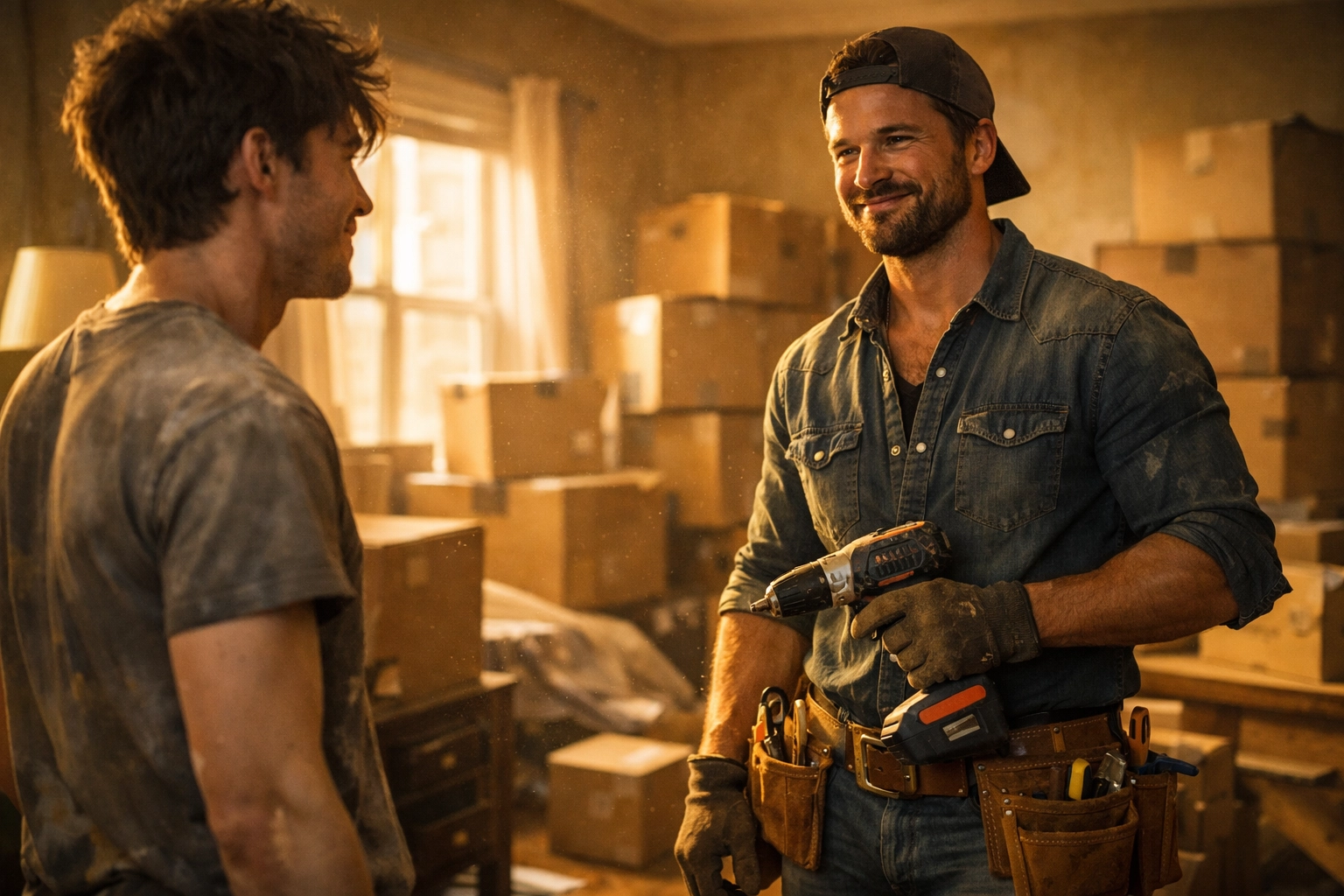 Handsome handyman meeting a man in a messy apartment, a popular trope in gay romance novels.