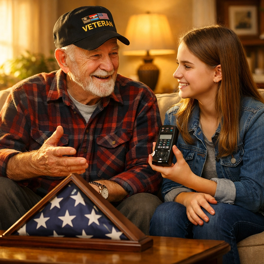 A veteran sharing patriotic stories with his granddaughter to preserve the heritage of the Pledge of Allegiance.