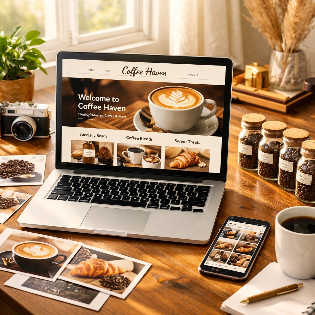 Home office setup for launching online coffee shop with marketing content