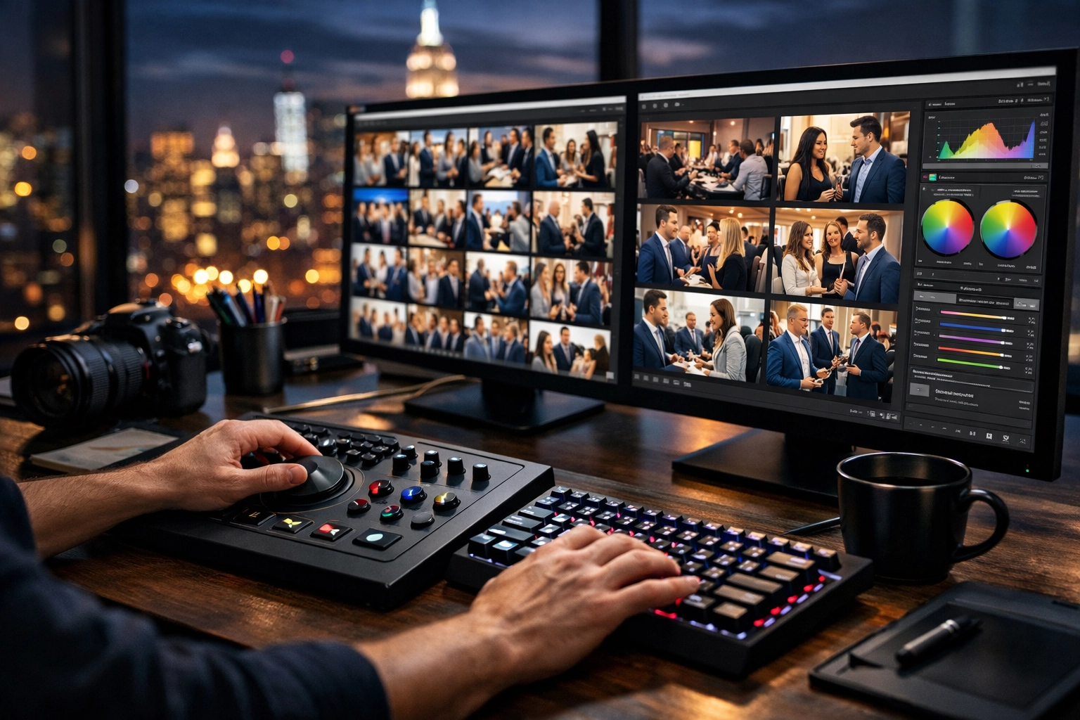 Professional editor color-grading business event photography for rapid corporate photography services delivery.