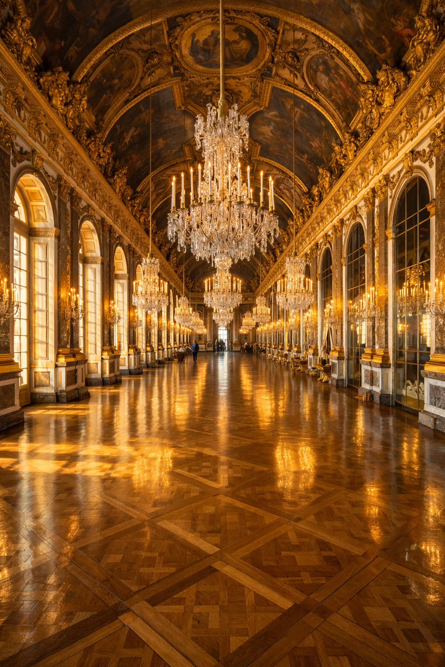 Symmetrical view of the empty Hall of Mirrors at the Palace of Versailles with morning light.