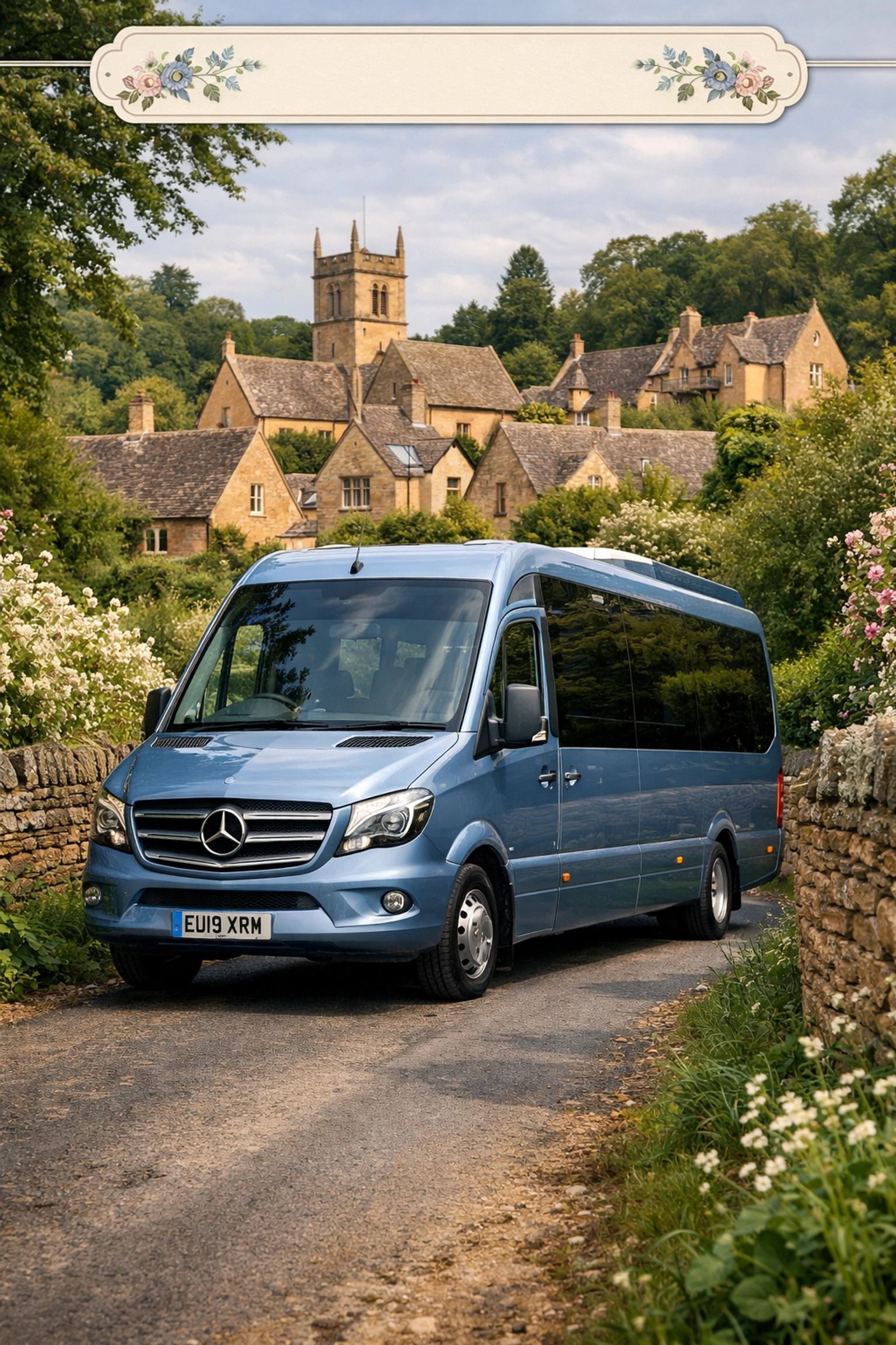 A Silver Blue Mercedes minibus navigating a narrow Cotswold lane with traditional stone walls in Blockley.