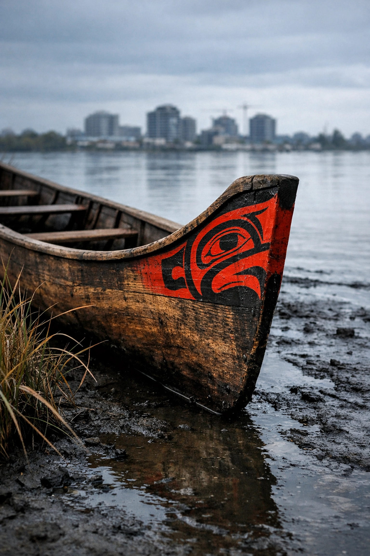 Traditional cedar canoe on the silty banks of the Fraser River with the Richmond skyline in the background.