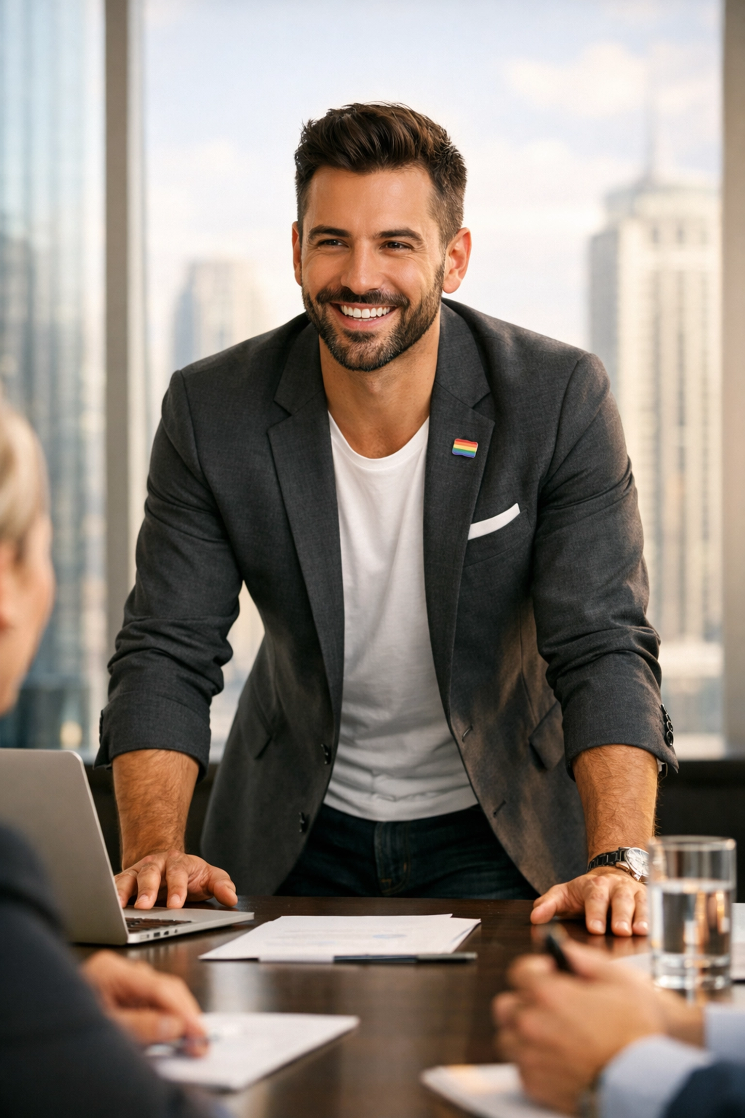 A gay professional leading a meeting, showcasing queer leadership and success in a mainstream workplace.
