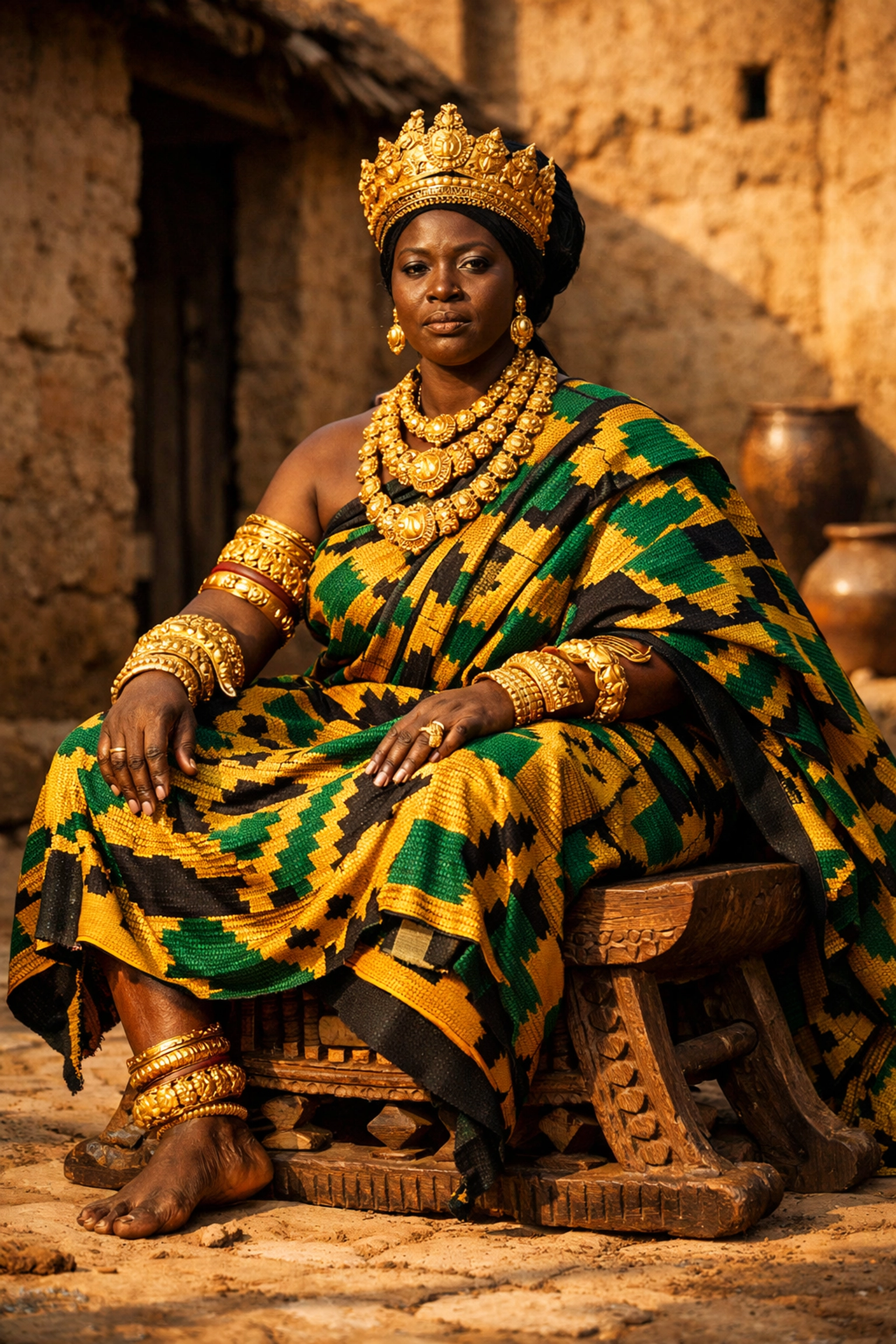 Asante Queen Mother in traditional Kente cloth and gold jewelry, representing West African matrilineal power.