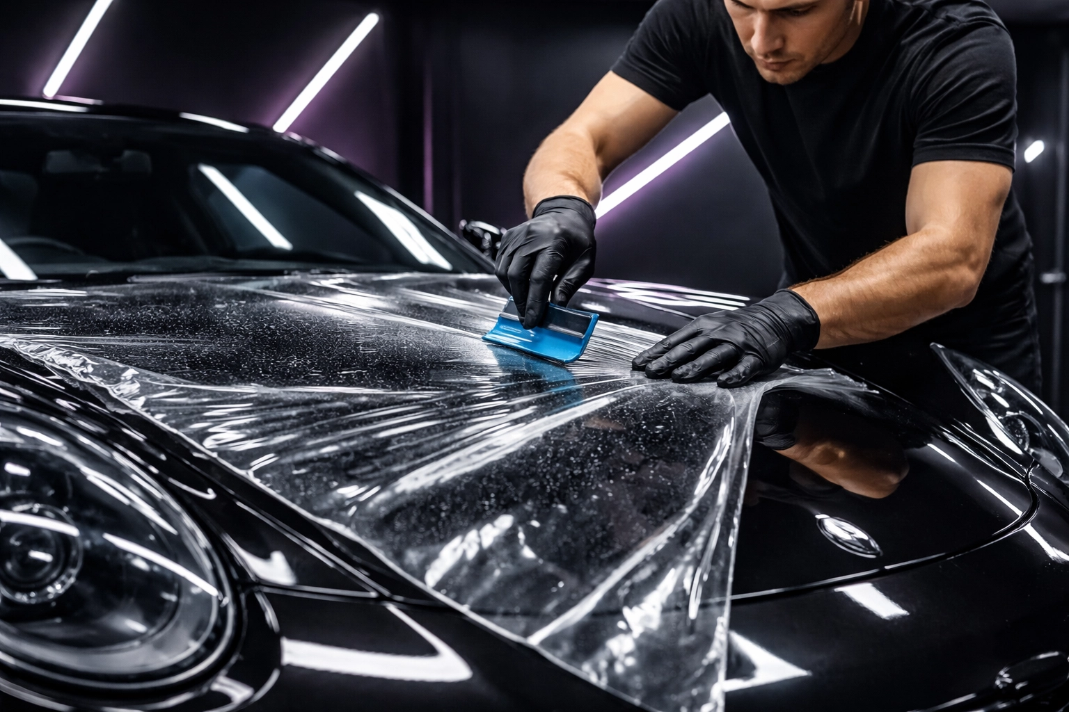 Technician applies paint protection film to a luxury car hood at an auto studio in Clayton, NC.
