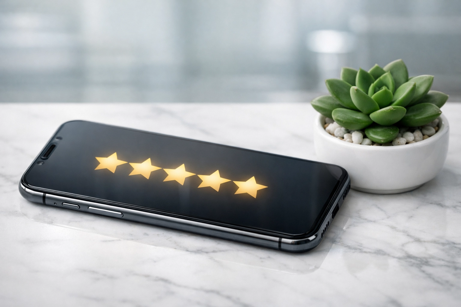Smartphone showing five gold stars highlighting five-star chiropractic reviews and reputation.