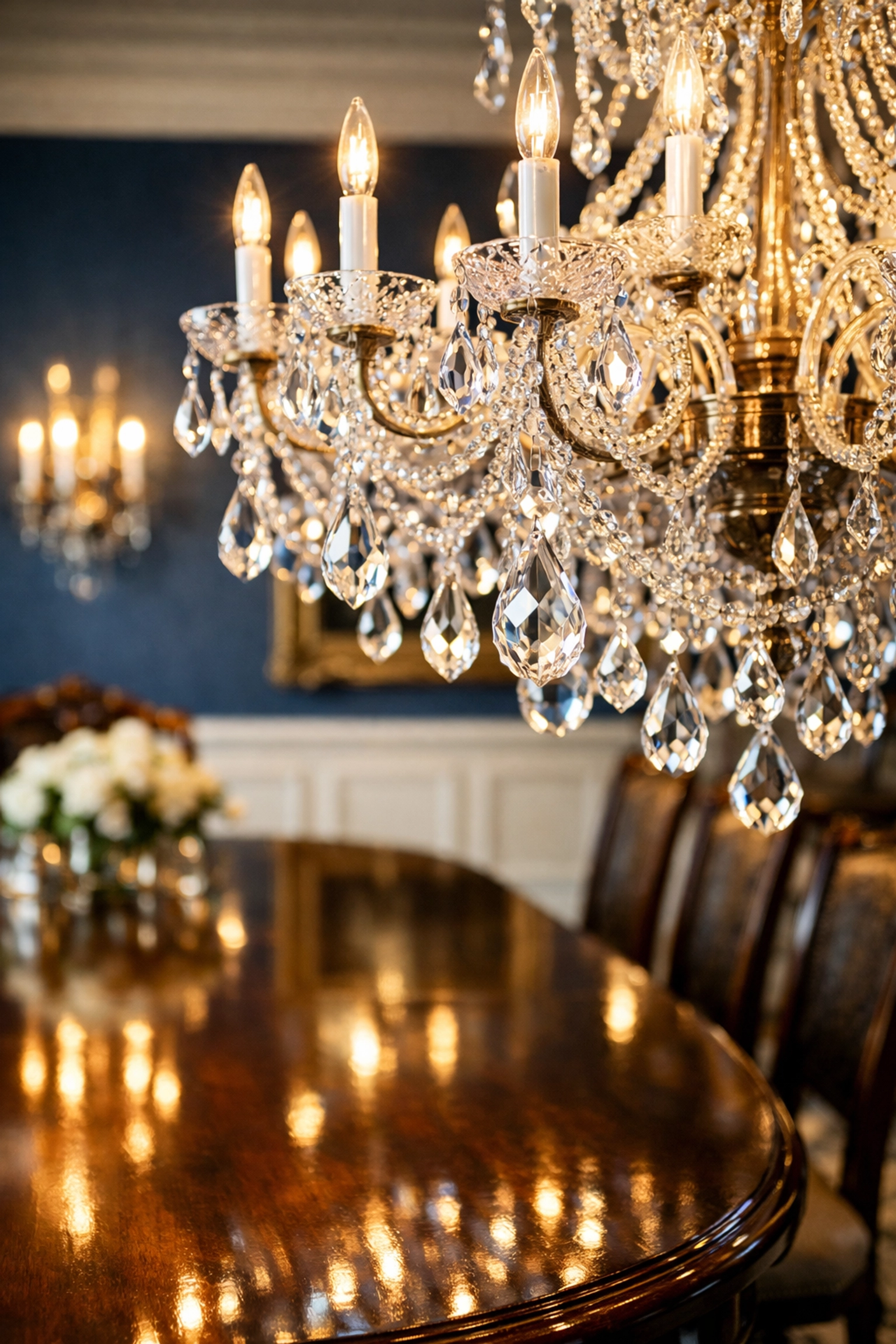 Meticulous residential cleaning Massachusetts focusing on crystal chandeliers in luxury Dover estates.