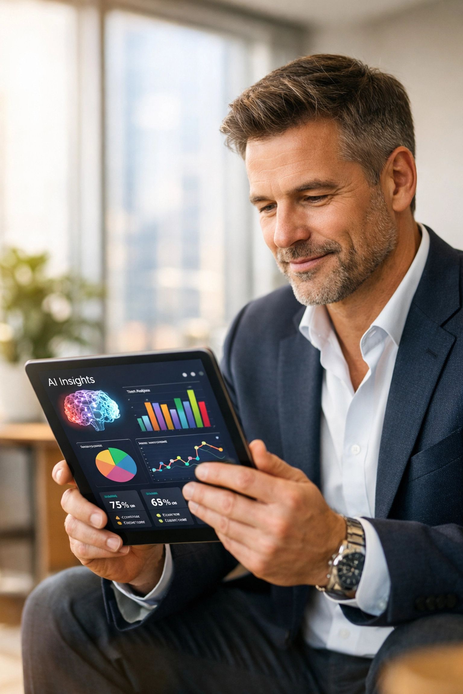 Executive reviewing ServiceNow ITOM asset management insights and approval workflows on tablet