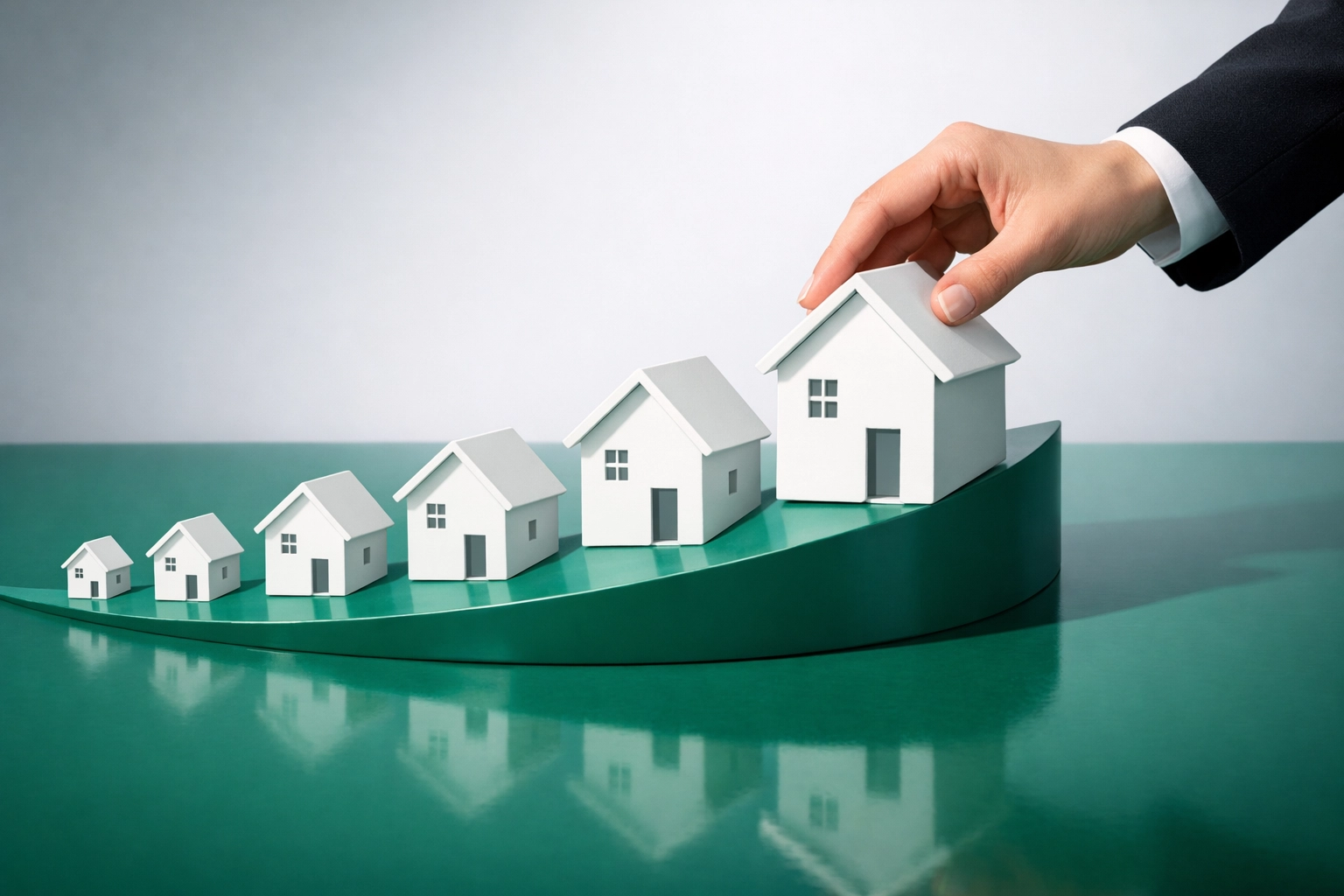 A hand adjusting house models illustrating how to scale a real estate portfolio in Missouri.