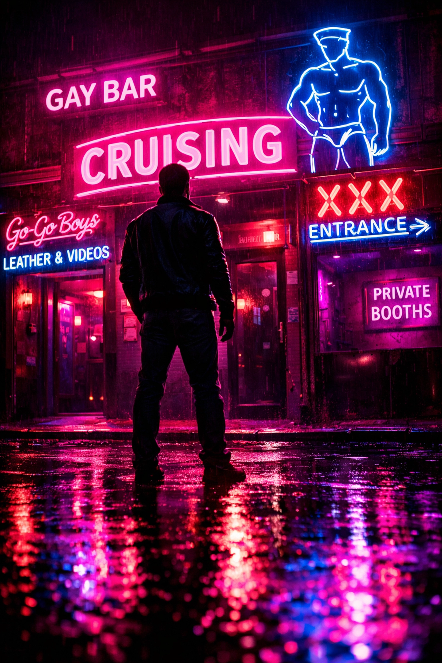 Neon-lit gay bar exterior at night reflecting on wet pavement, underground LGBTQ+ nightlife