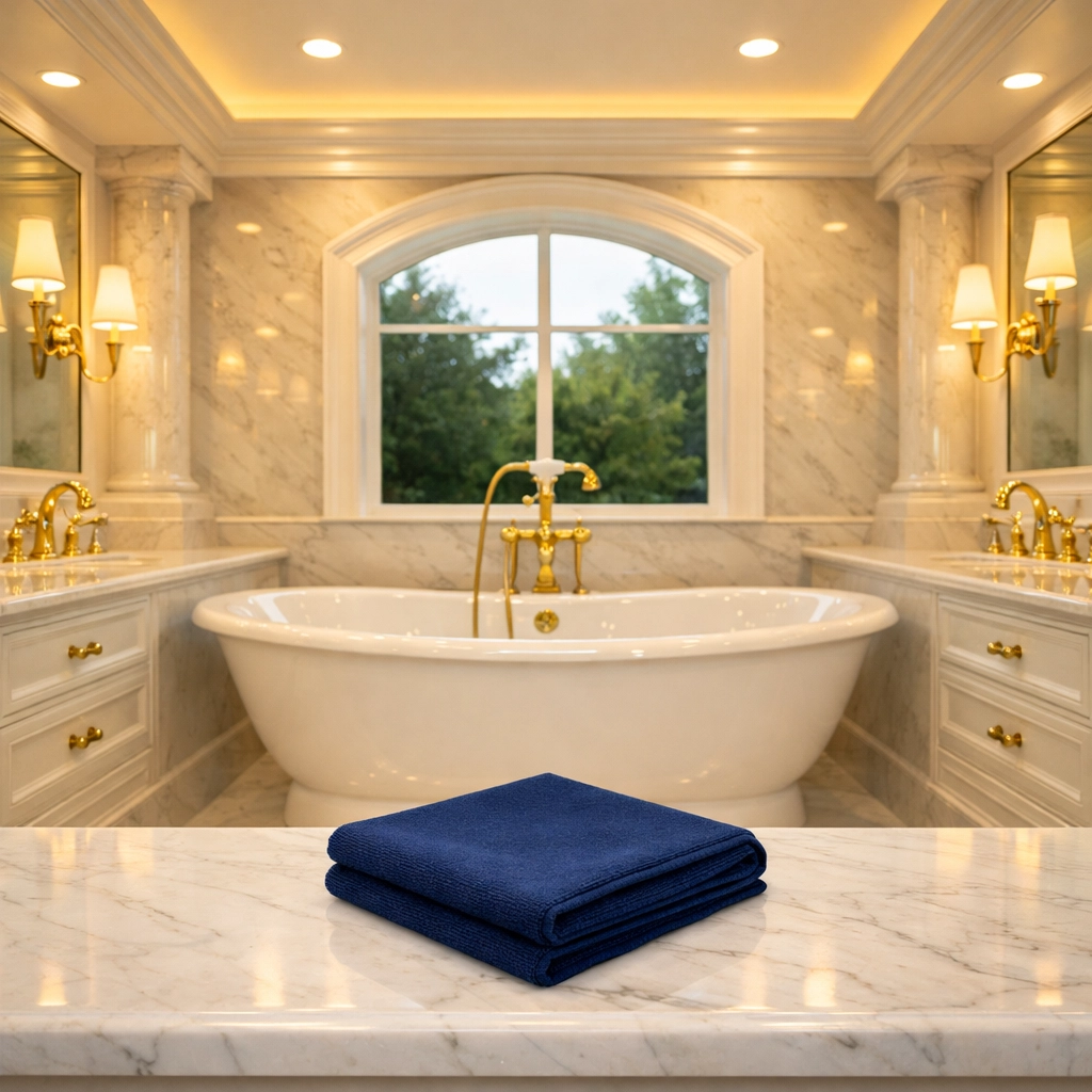 Sparkling clean luxury Dover bathroom with marble and gold fixtures from professional residential cleaning Massachusetts.