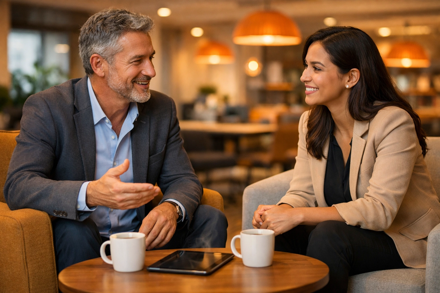 Dos profesionales en una sesión de coaching para emprendedores sobre crecimiento y desarrollo profesional.