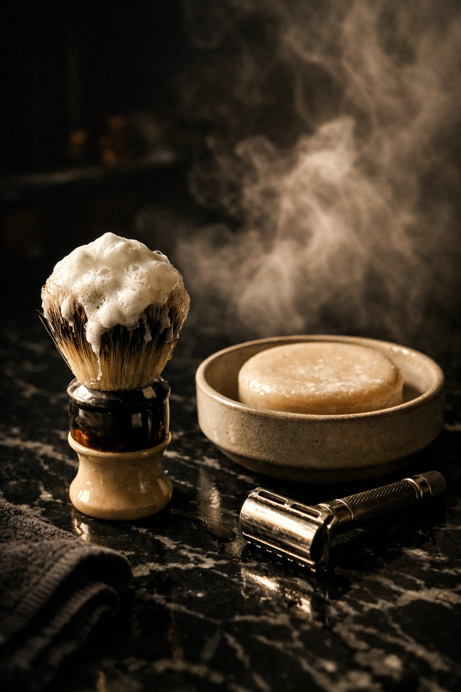 Traditional wet shaving setup with natural soap lather and brush for a mindful shaving ritual