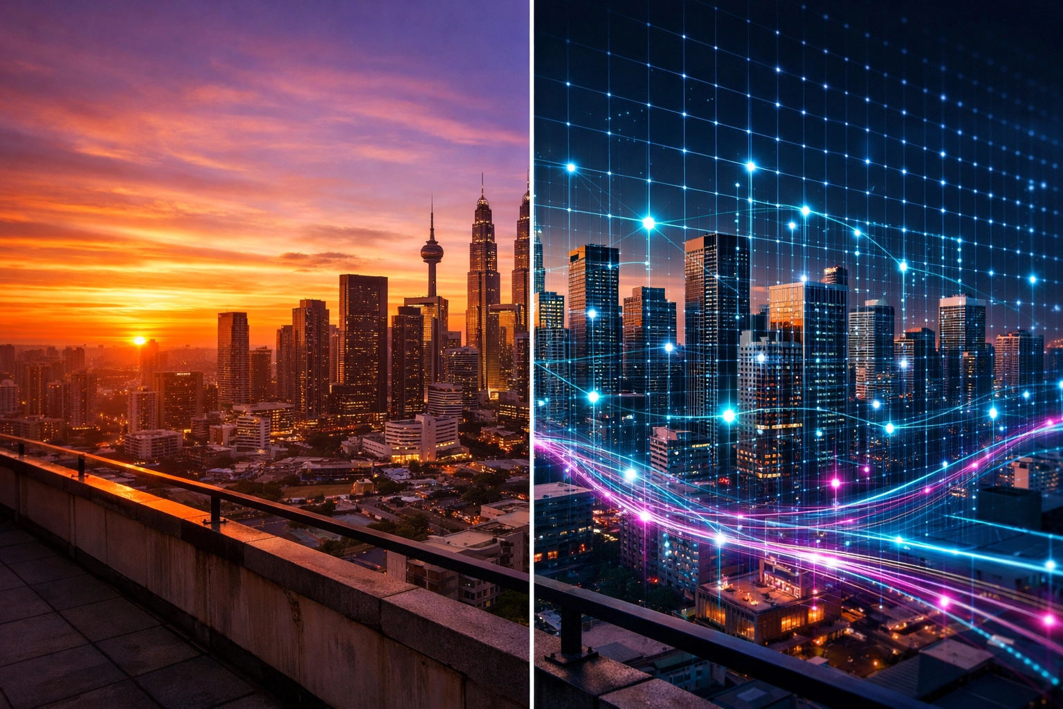 City real estate skyline with digital network overlay showing modern portfolio diversification strategy