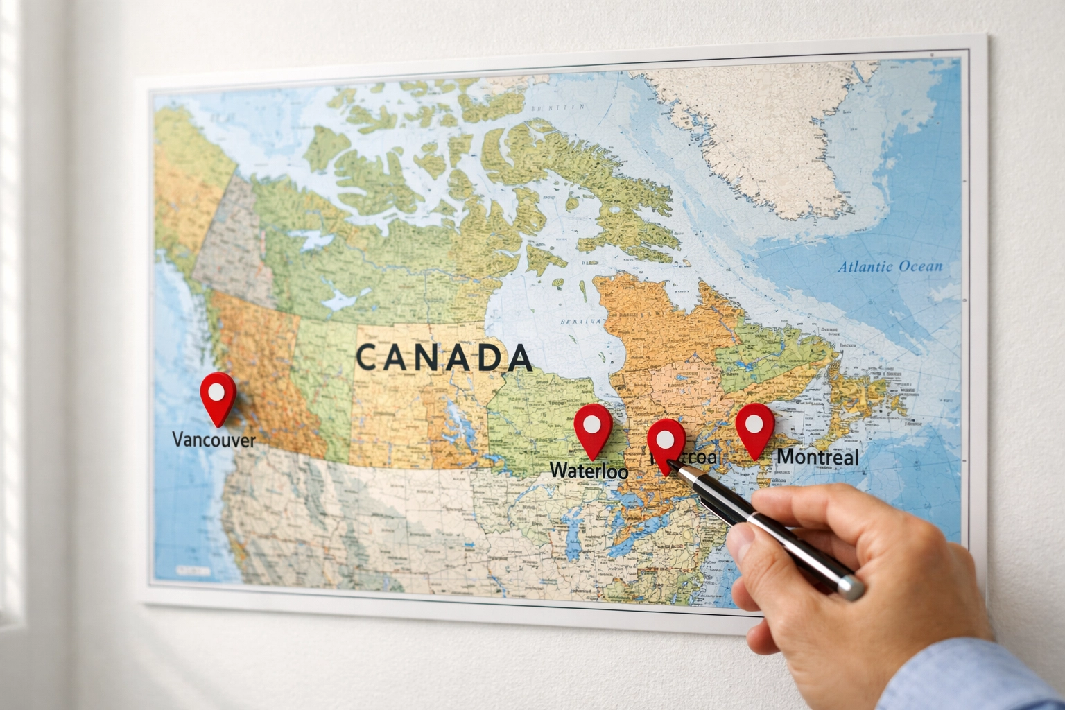 Map of Canada showing major venture capital hubs Toronto Vancouver Montreal Waterloo