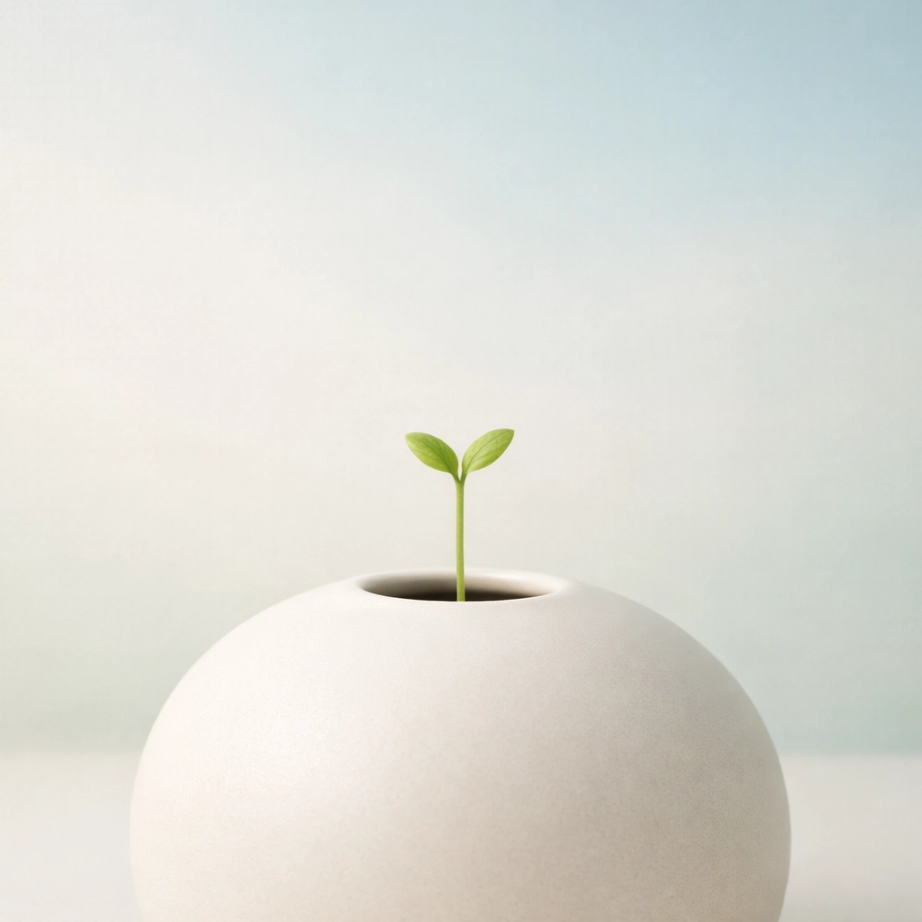 A delicate green sprout in a ceramic pot symbolizing personal growth and well-being in leadership.