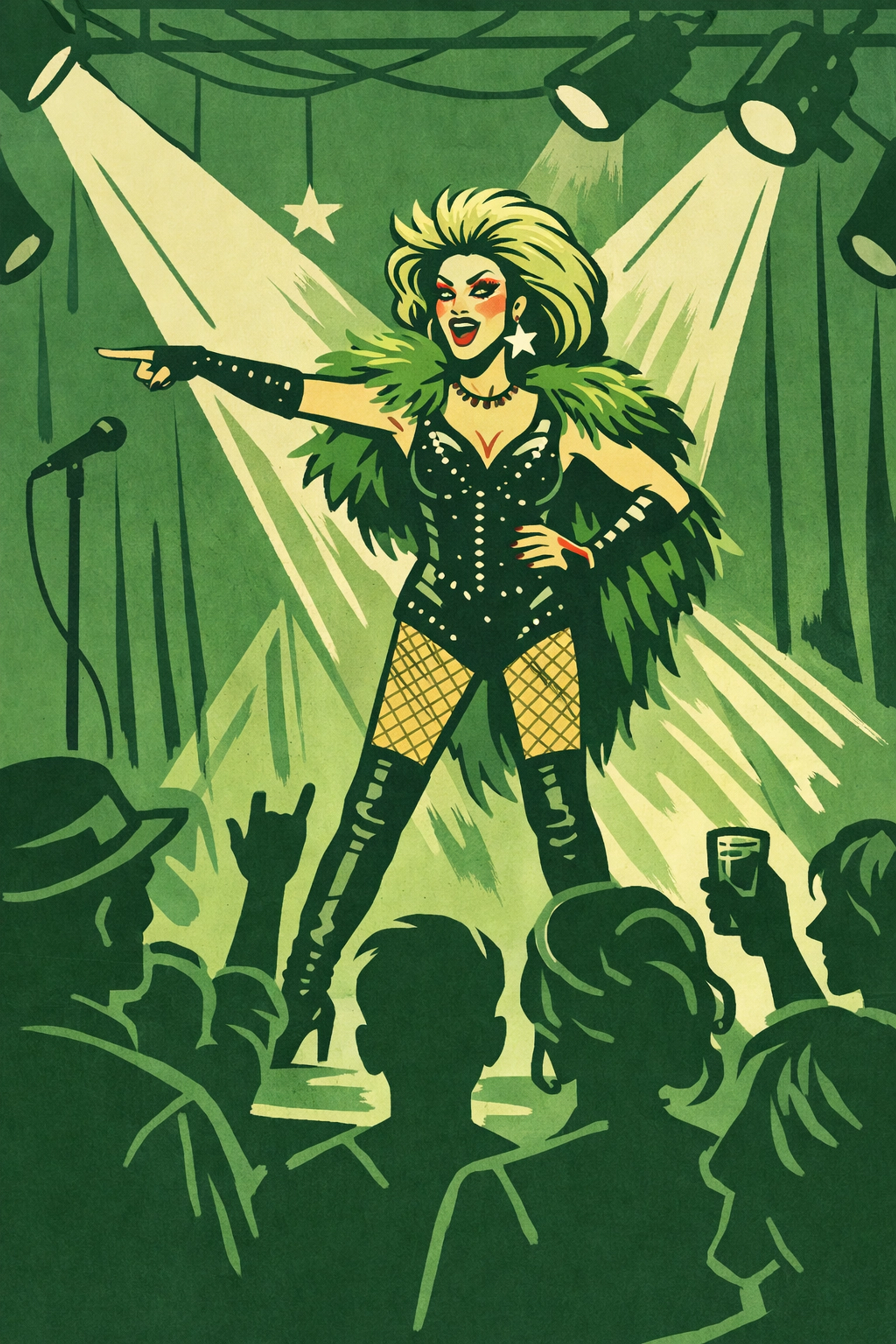 Drag performer on stage at Royal Vauxhall Tavern with audience watching cabaret show