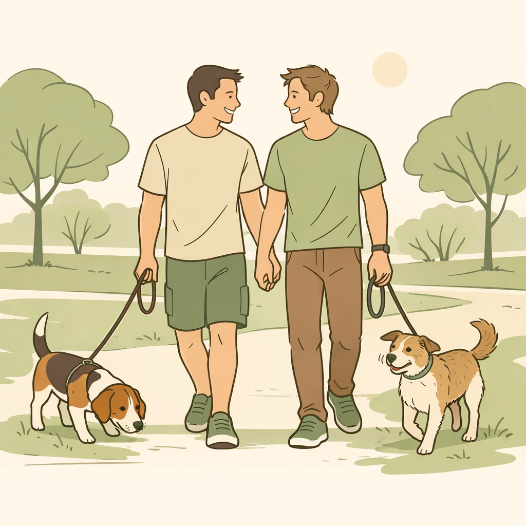 LGBTQ+ men building social connection while walking dogs together in park