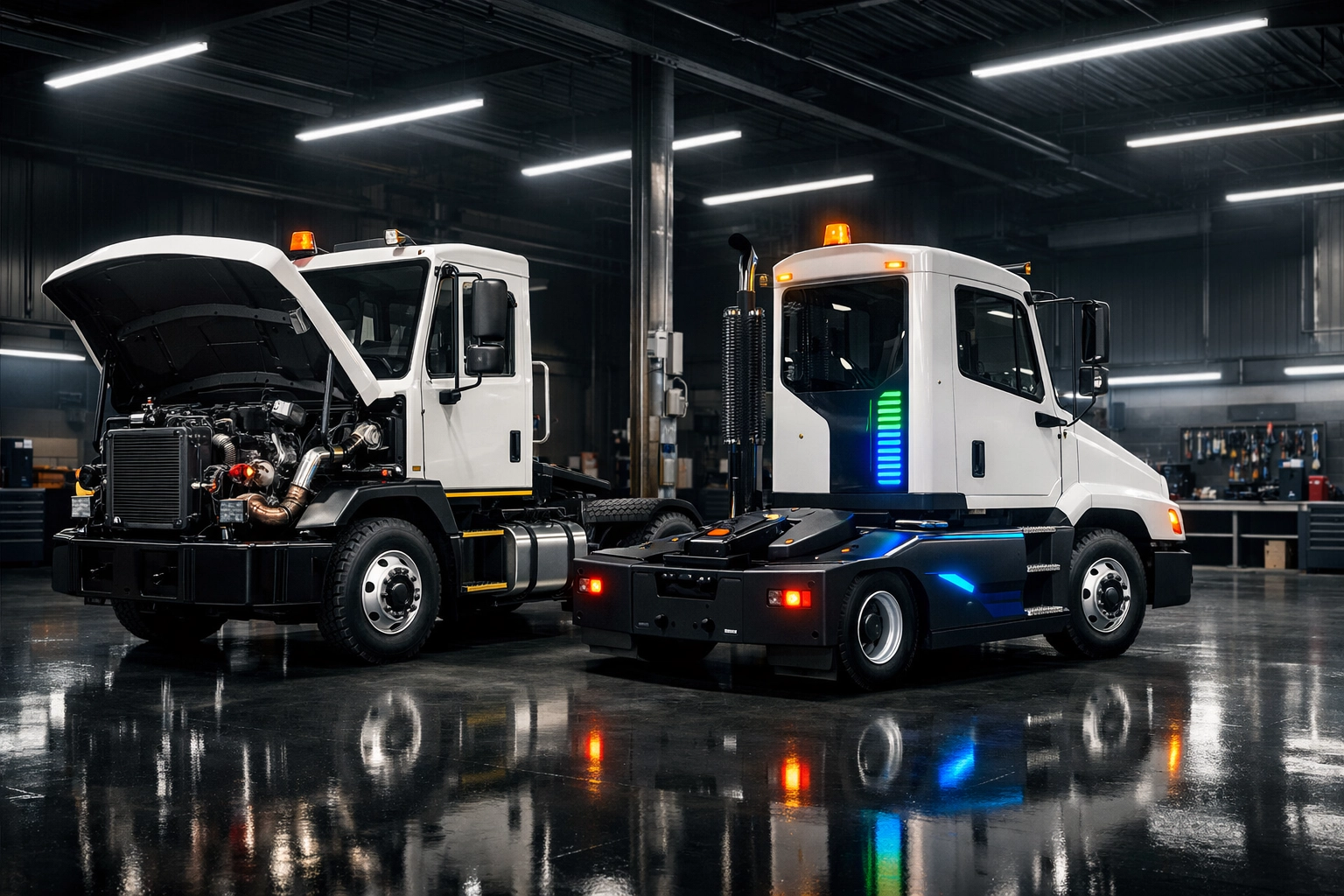 Comparison of electric and diesel yard spotters in a clean Houston maintenance facility.