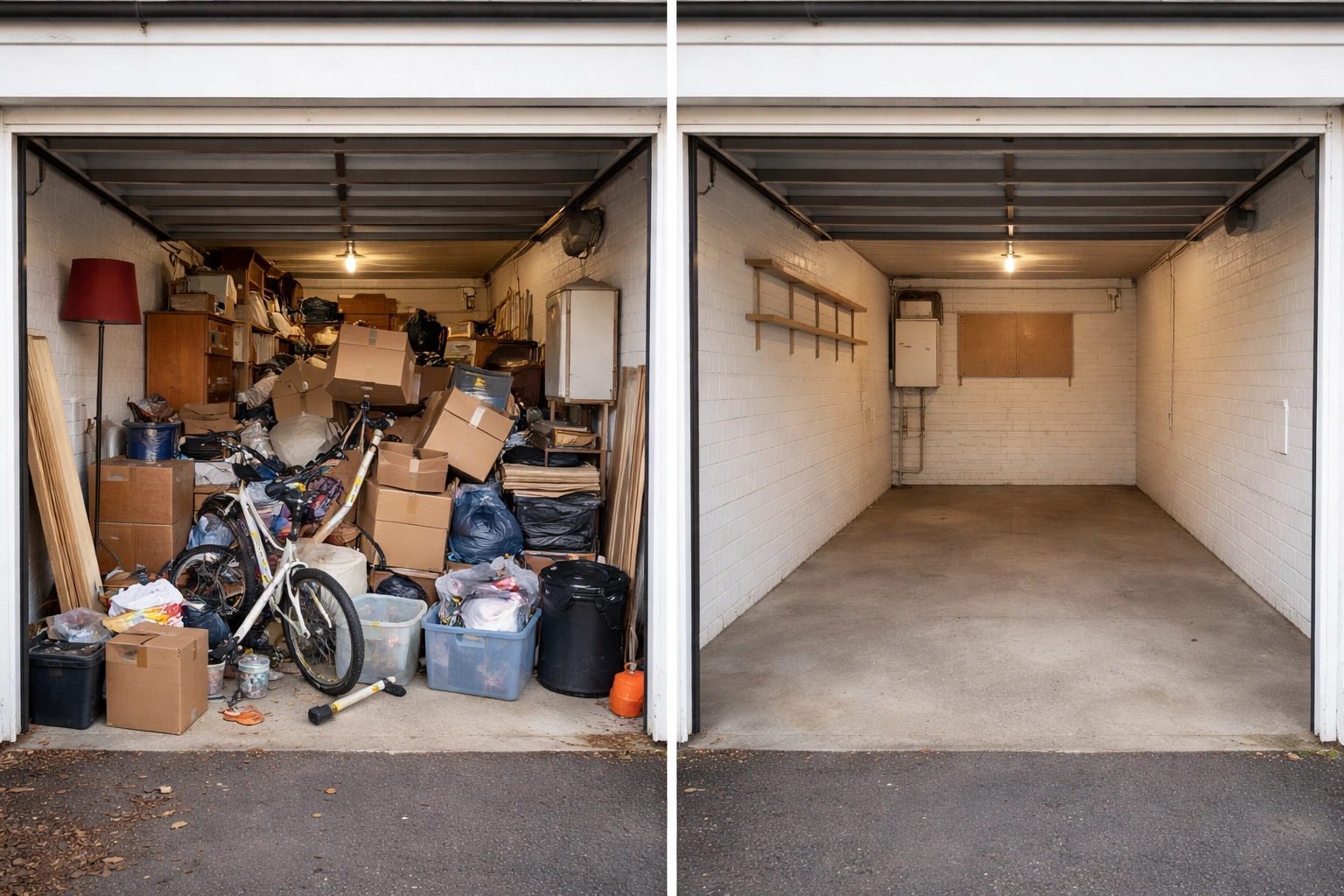 Before and after of a Northamptonshire garage cleared of bulk waste, highlighting clutter-free results