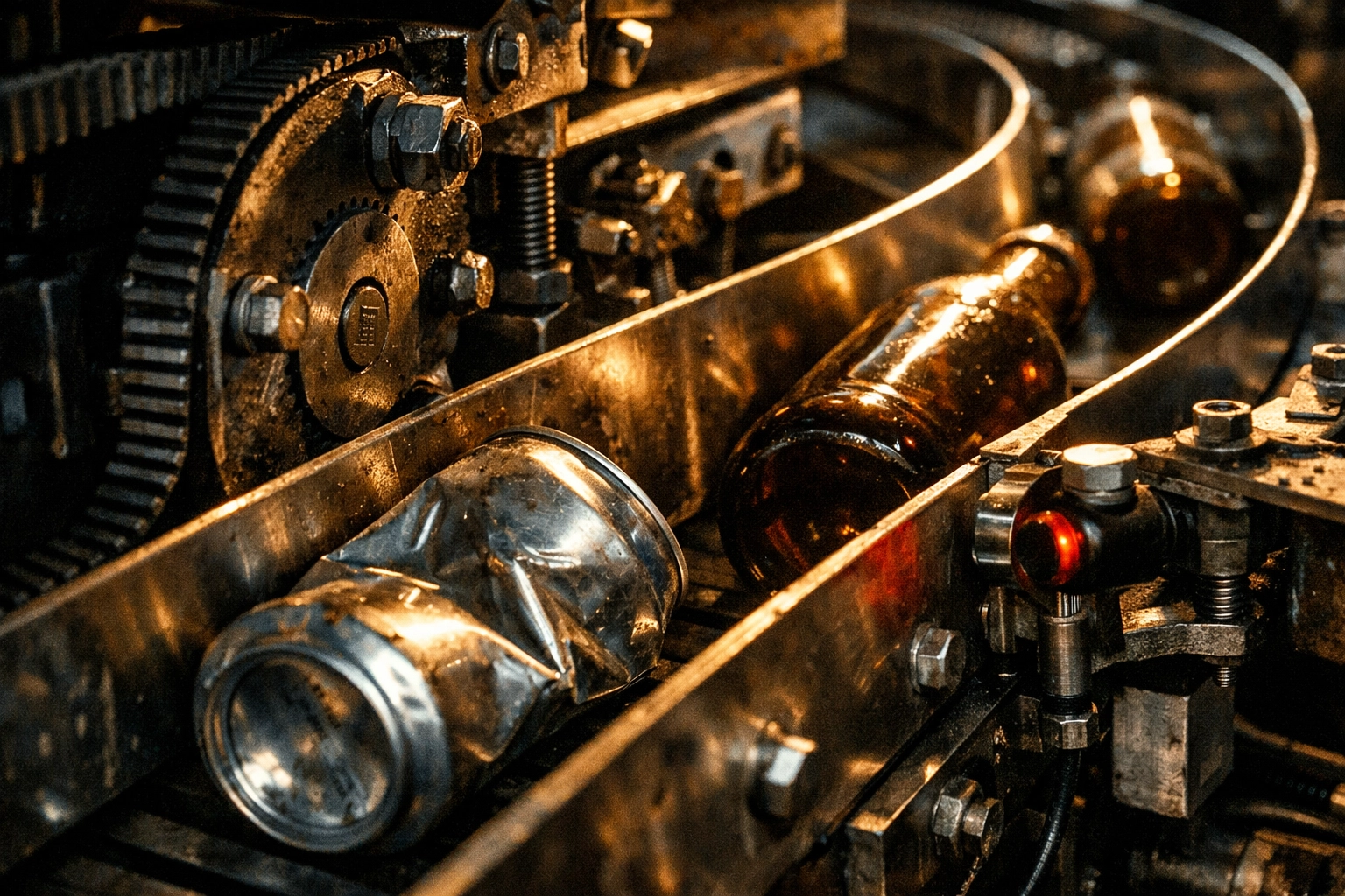 High-tech reverse vending machine sorting mechanism processing aluminum cans and glass bottles.