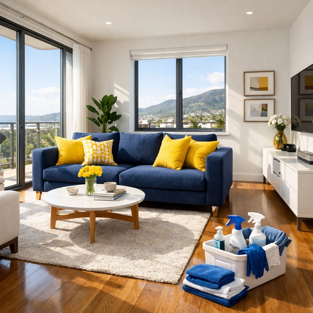 Sun-drenched, spotless apartment living room following a professional apartment cleaning service in Marlborough.