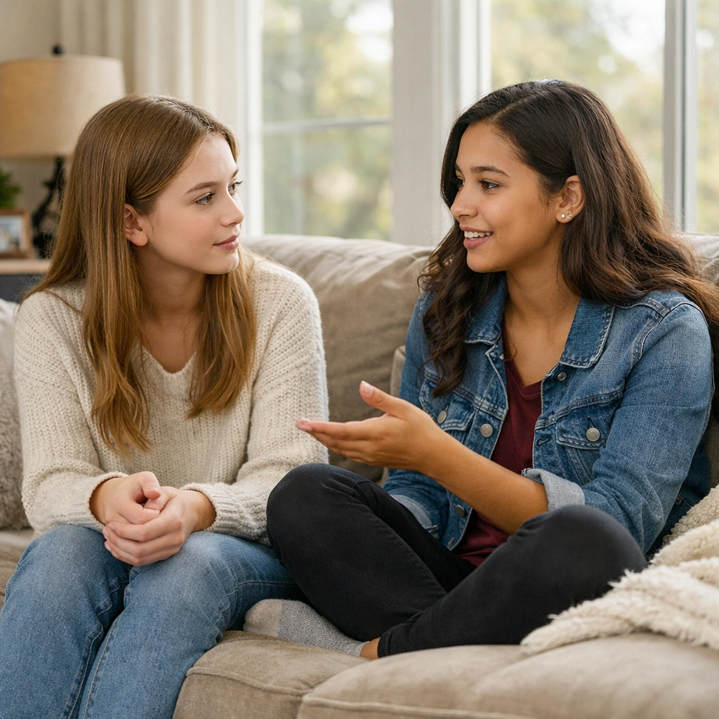 Teen girls bonding in a supportive therapeutic group home for teens common area.