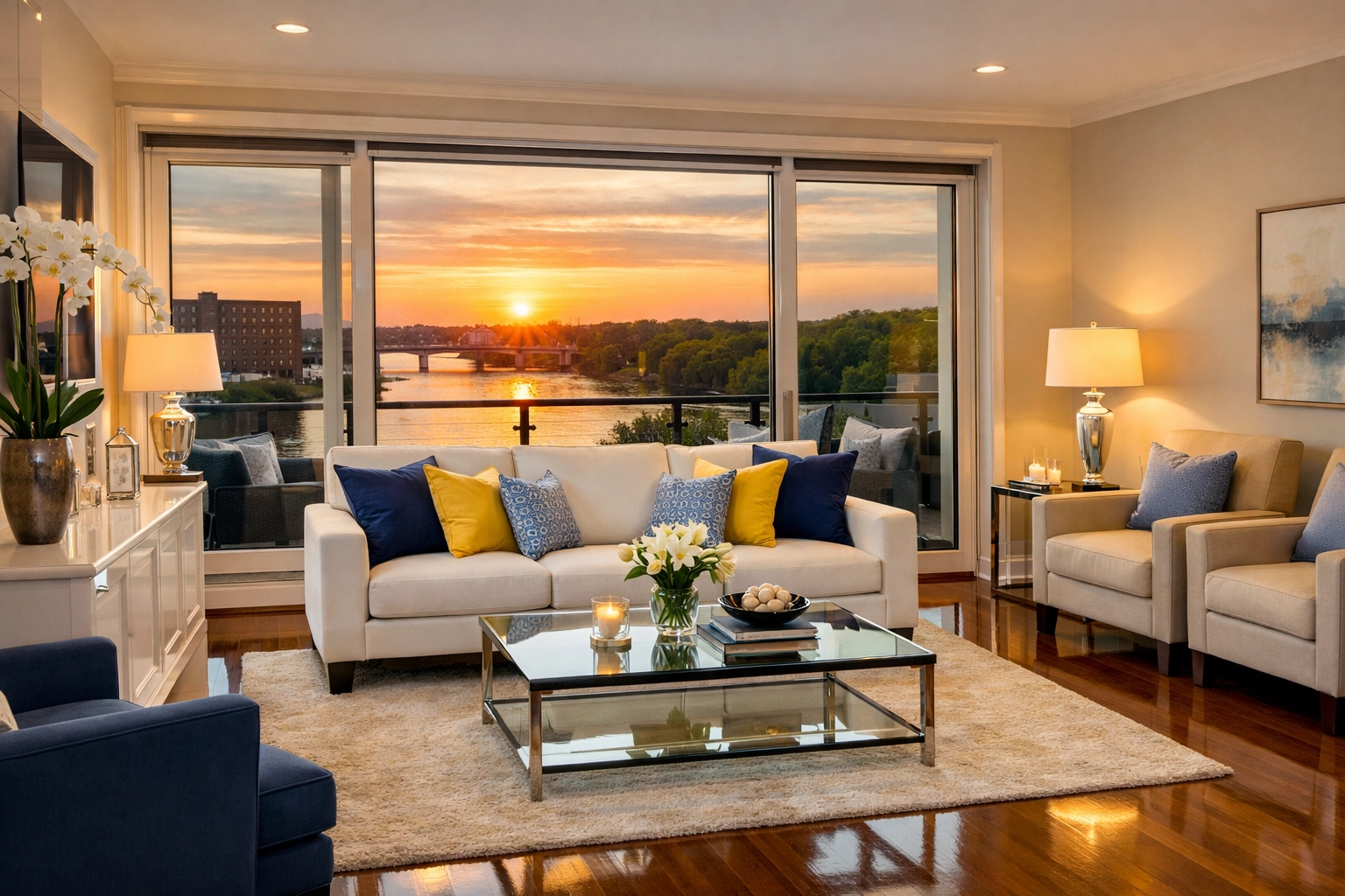 A sparkling luxury apartment living room in Lowell after a professional ninja-level deep cleaning.