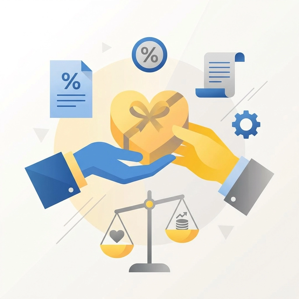 Hands exchanging a heart symbol next to documents, representing new charitable giving limitations for business taxes.