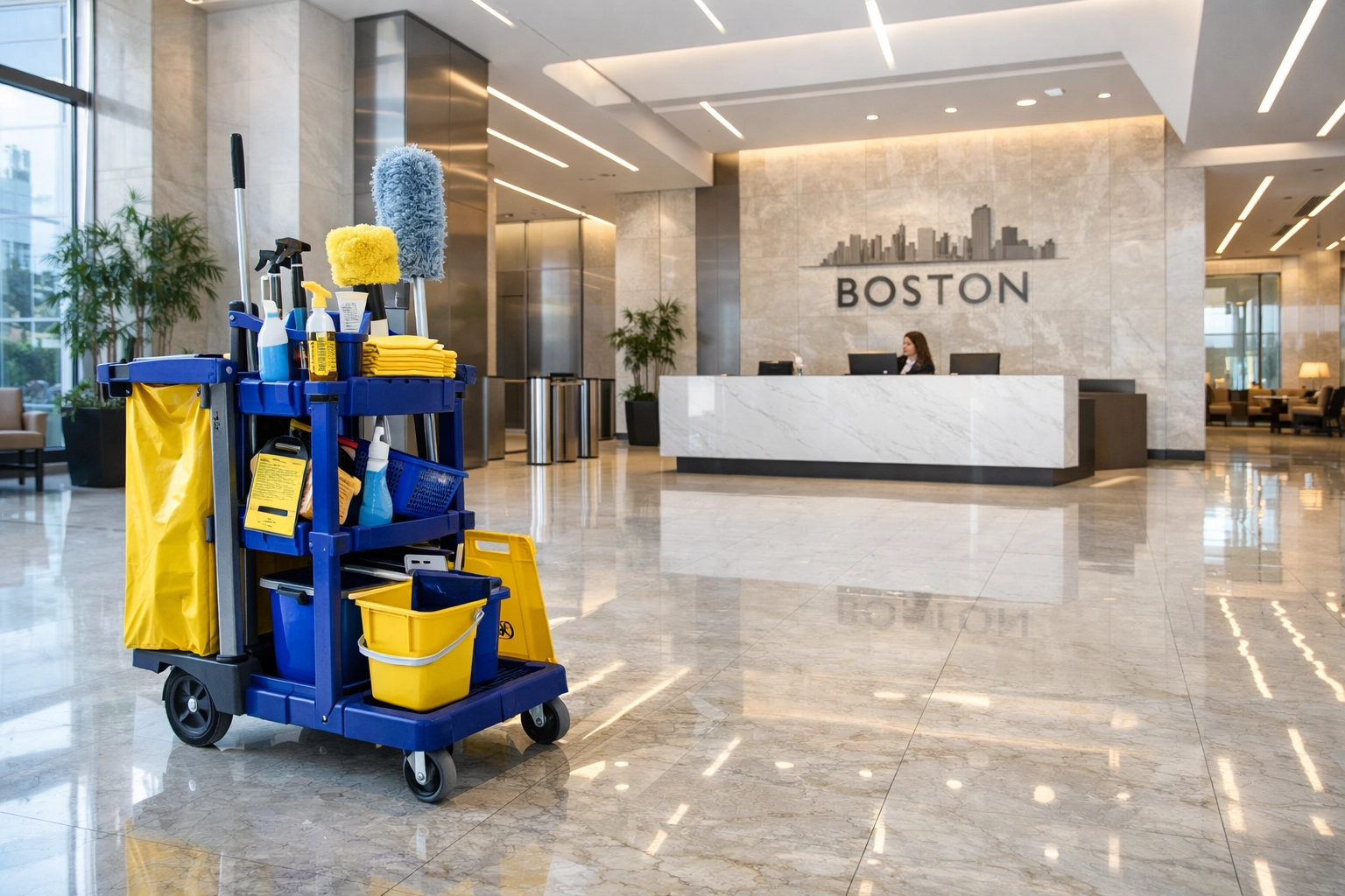 Professional commercial cleaning Boston equipment ready to clean a polished modern office lobby floor.