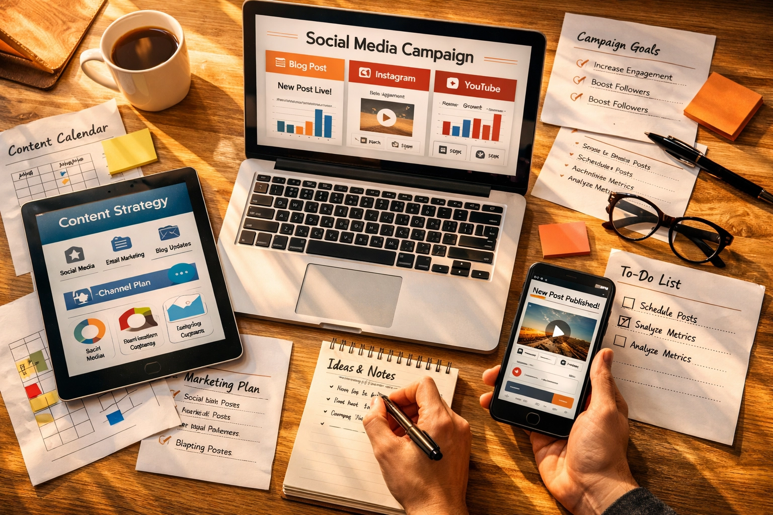 Multi-device content calendar planning for automated press release distribution across marketing platforms