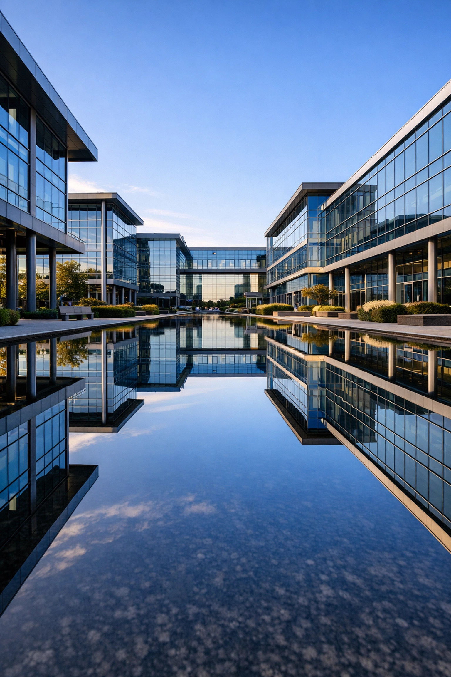 Modern glass office complex in a Midwest business park, representing a well-managed property portfolio.